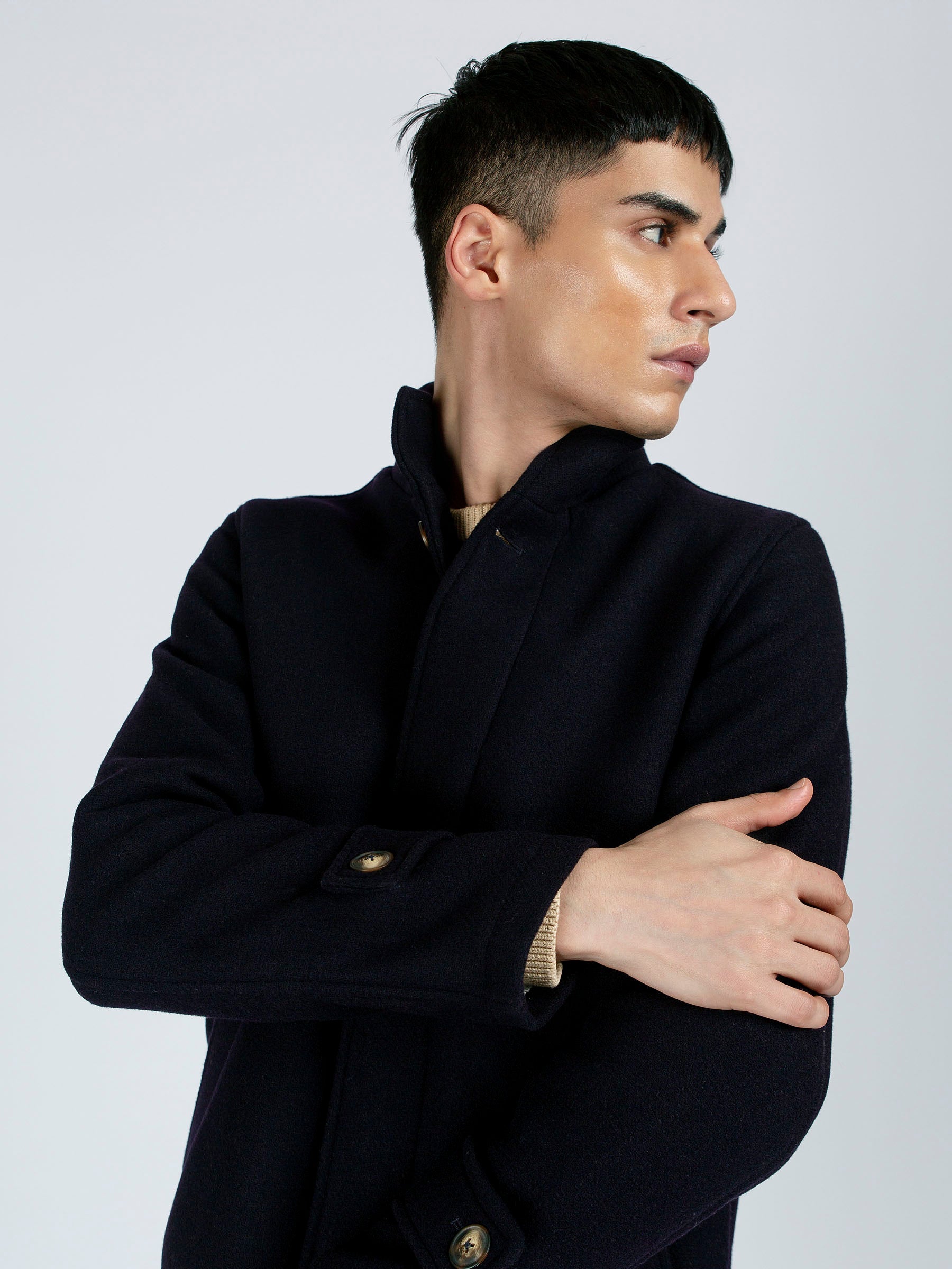 Navy Blue Wool Long Coat - Limited Edition