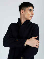 Navy Blue Wool Long Coat - Limited Edition
