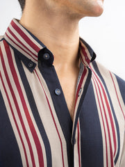 Navy Blue & Beige Striped Button Down Shirt
