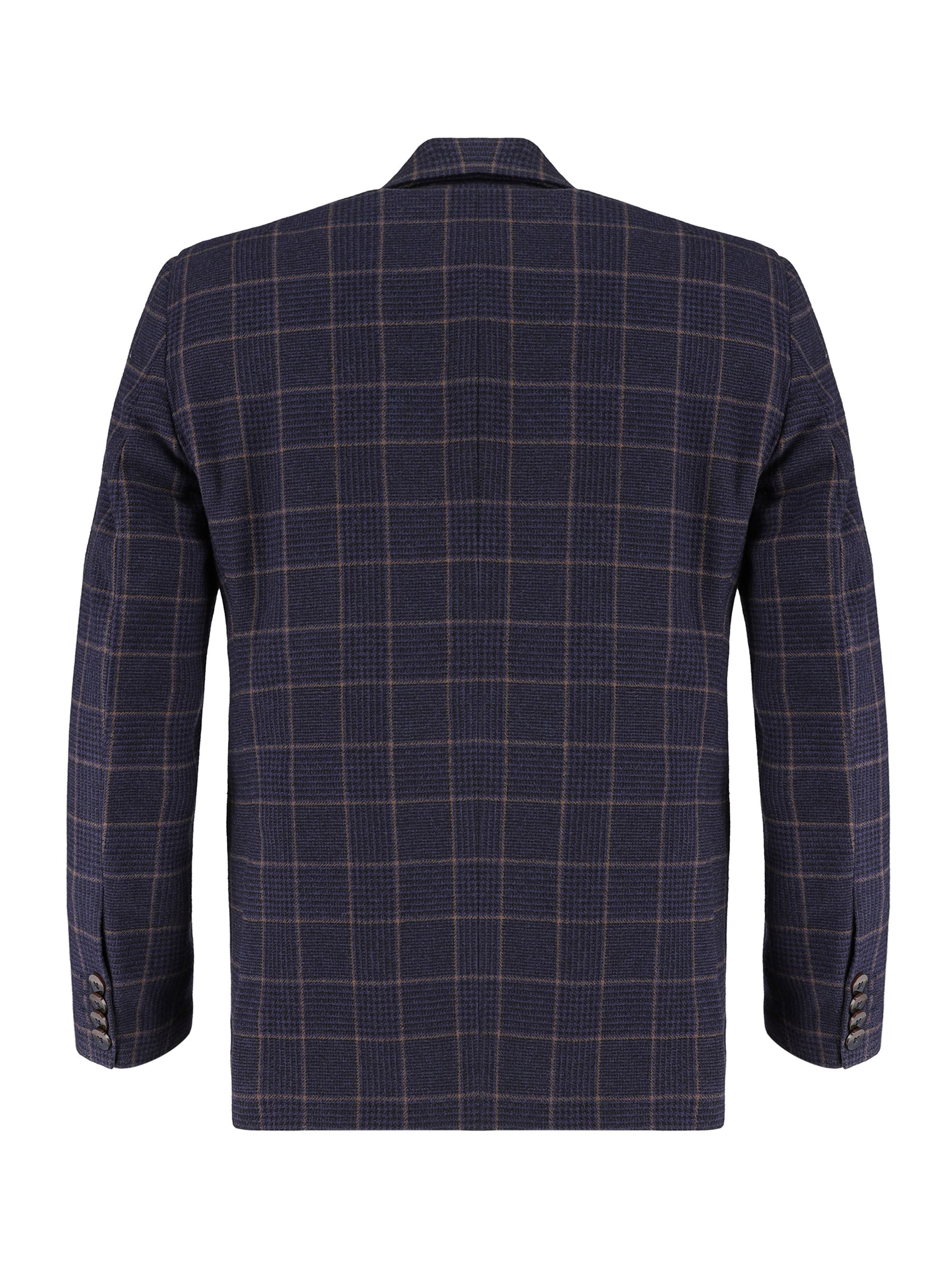 Navy Blue & Brown Checkered Wool & Cashmere Blazer - Sartoria
