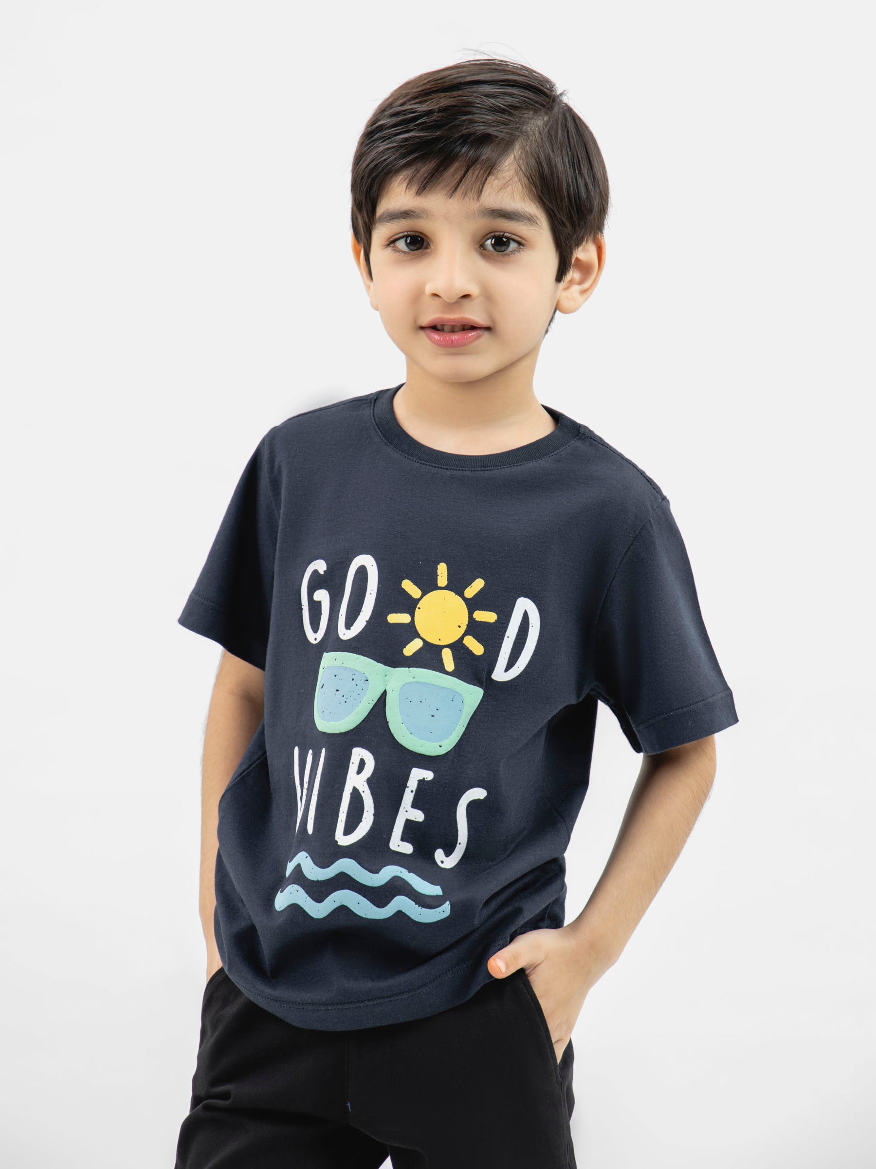 Navy Blue 'Good Vibes' Printed Casual T-Shirt