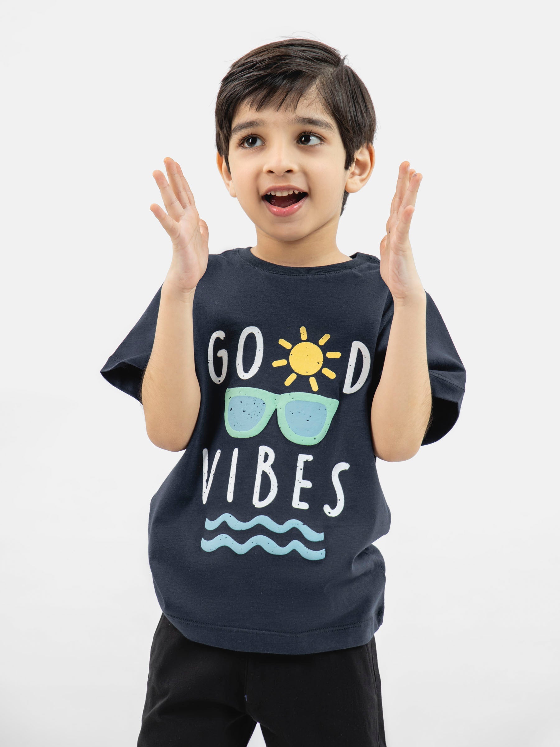 Navy Blue 'Good Vibes' Printed Casual T-Shirt