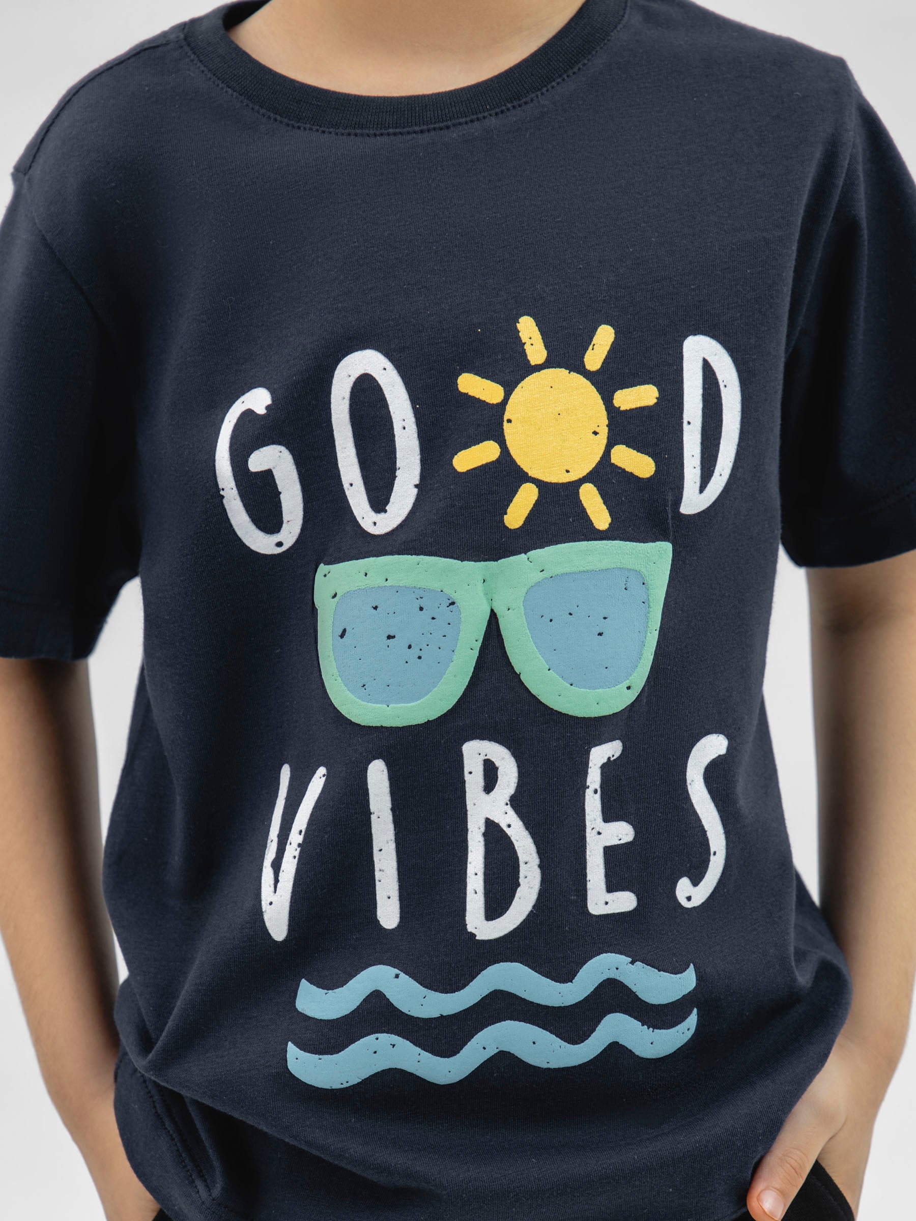 Navy Blue 'Good Vibes' Printed Casual T-Shirt