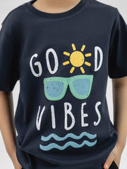 Navy Blue 'Good Vibes' Printed Casual T-Shirt