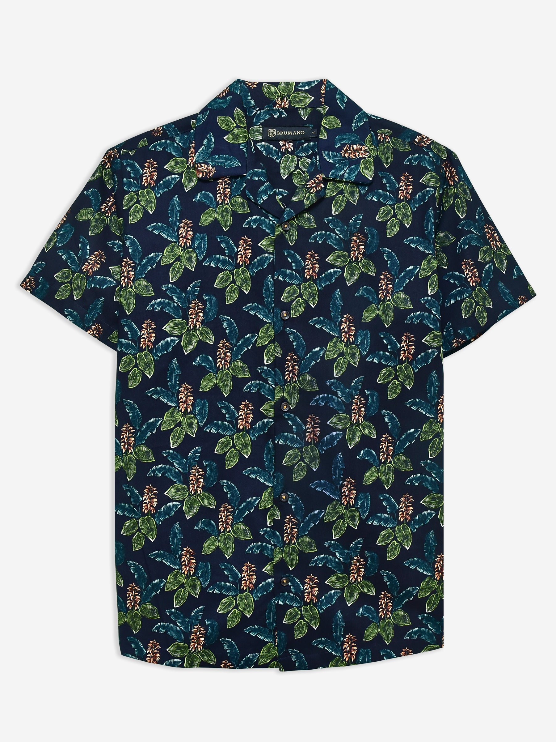 Navy Blue & Green Floral Printed Cuban Collar Shirt