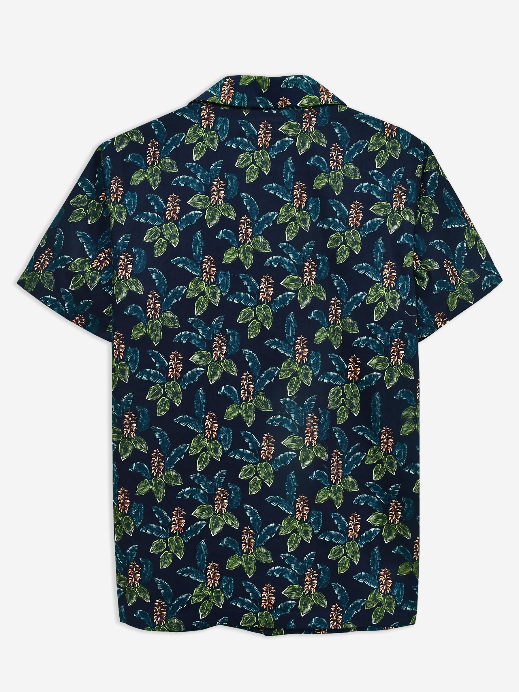 Navy Blue & Green Floral Printed Cuban Collar Shirt