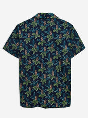 Navy Blue & Green Floral Printed Cuban Collar Shirt