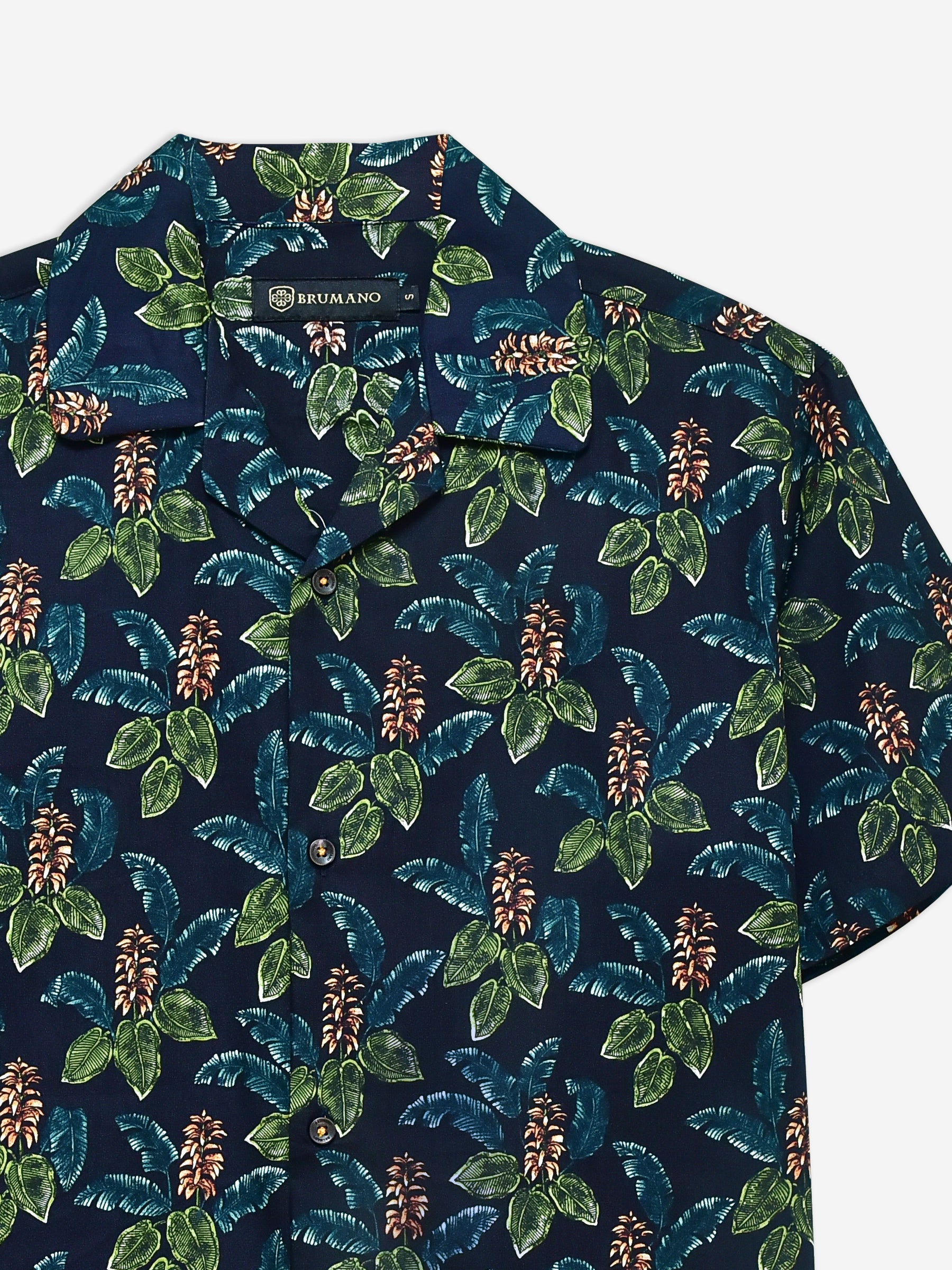Navy Blue & Green Floral Printed Cuban Collar Shirt
