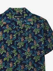 Navy Blue & Green Floral Printed Cuban Collar Shirt