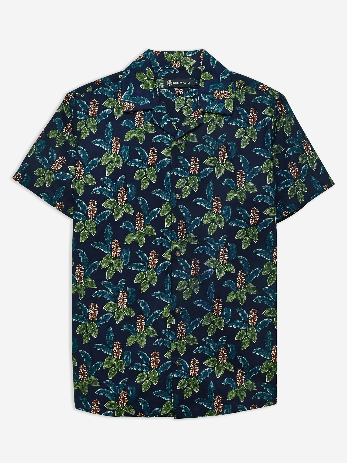 Navy Blue & Green Floral Printed Cuban Collar Shirt