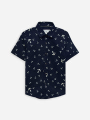 Navy Blue 'Anchor' Printed Half Sleeve Casual Shirt