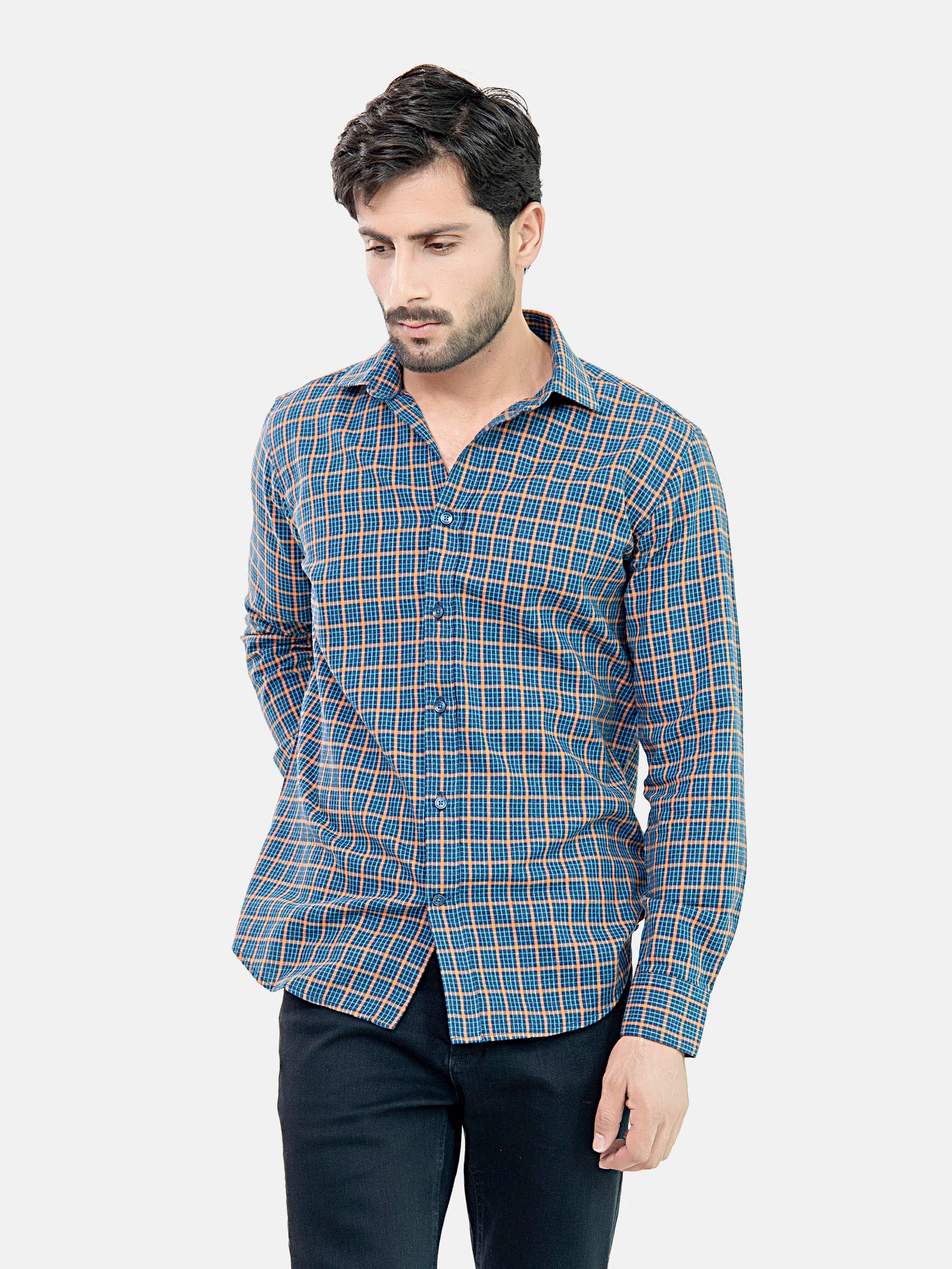 Navy Blue & Orange Flannel Checkered Shirt
