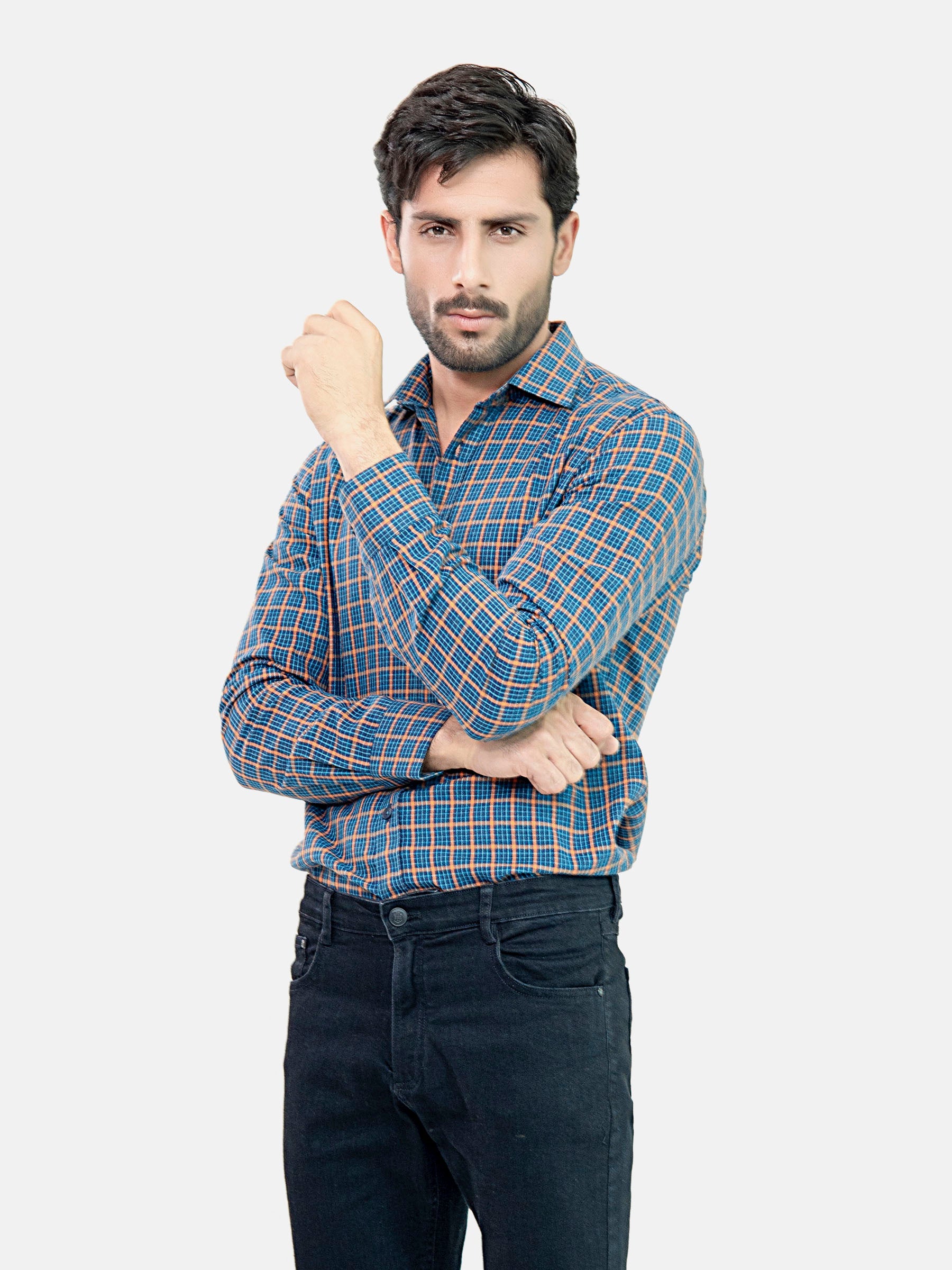 Navy Blue & Orange Flannel Checkered Shirt