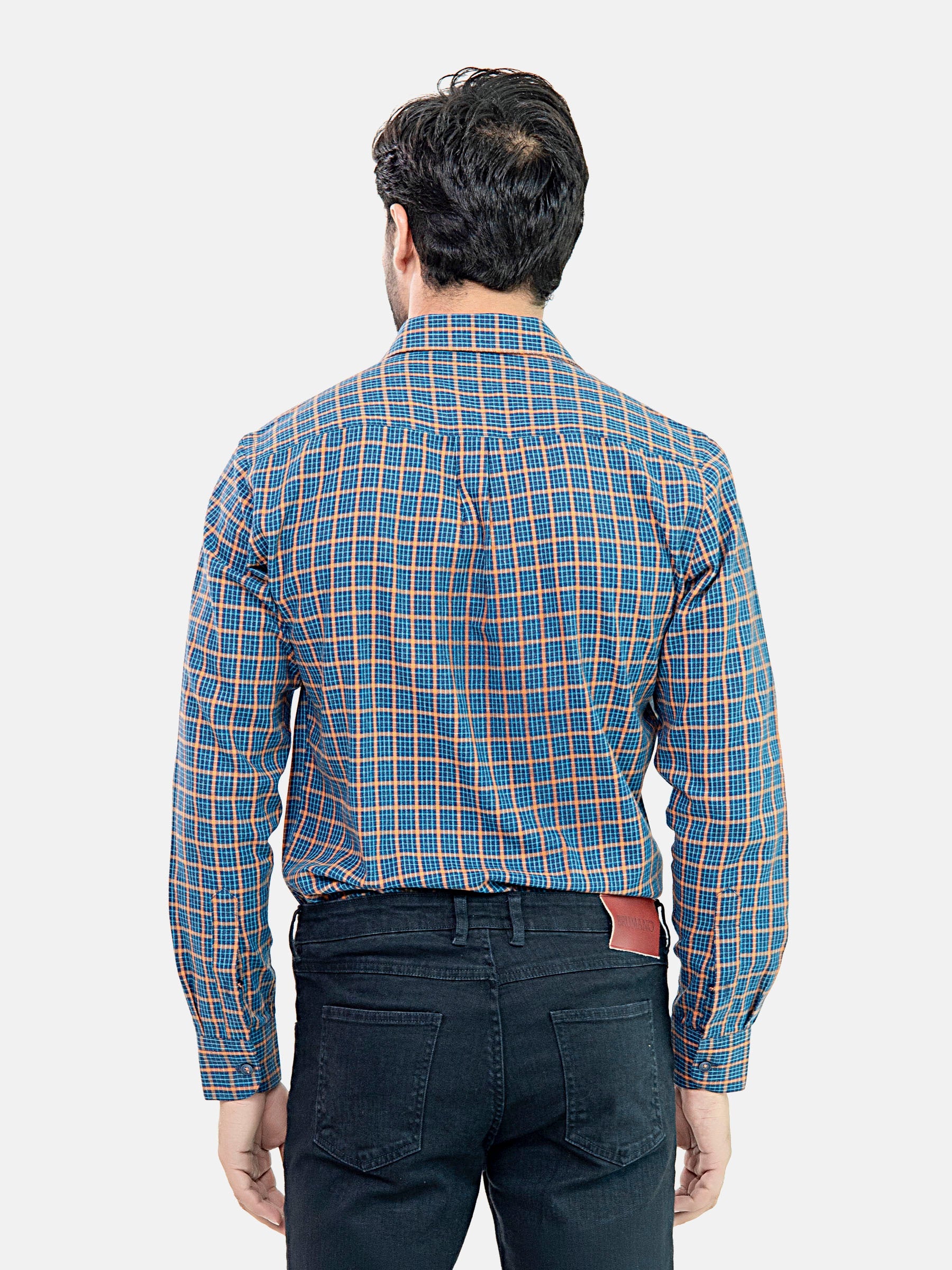 Navy Blue & Orange Flannel Checkered Shirt