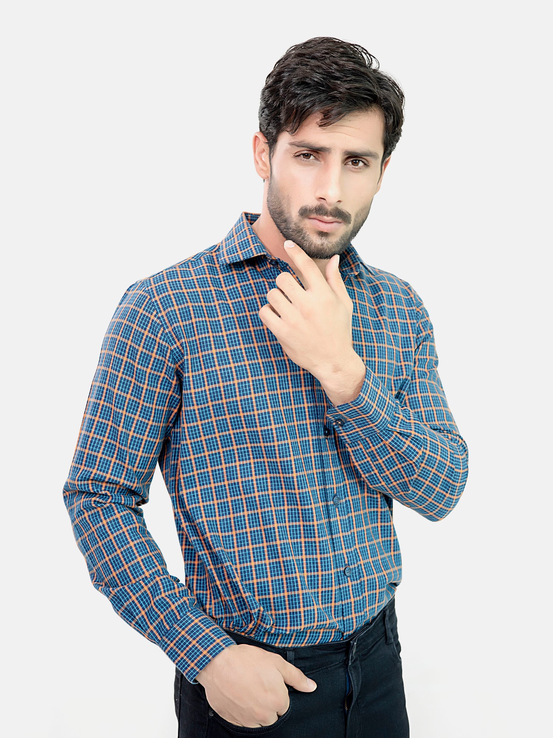 Navy Blue & Orange Flannel Checkered Shirt