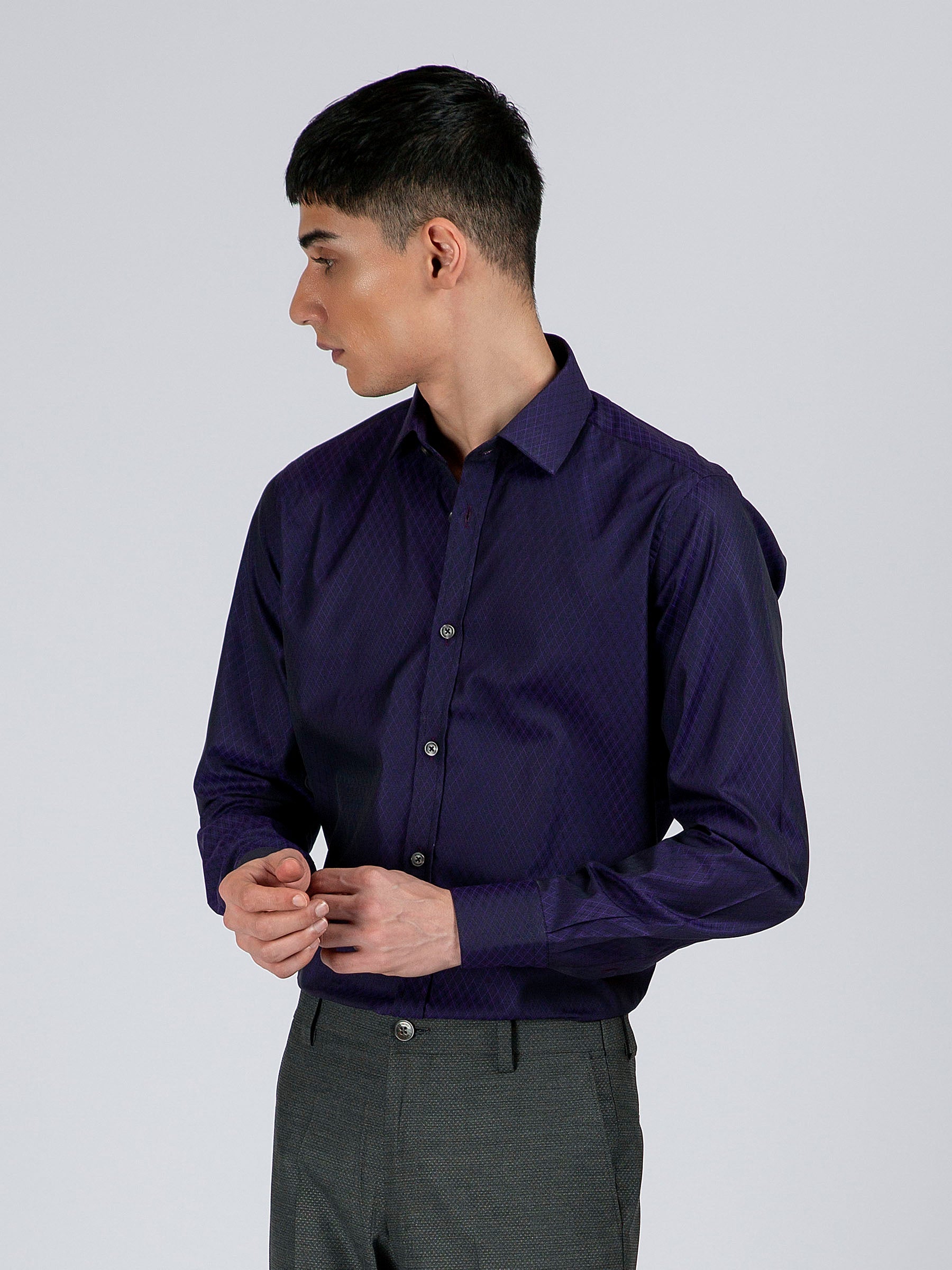 Navy Blue & Purple Diamond Patterned Formal Shirt