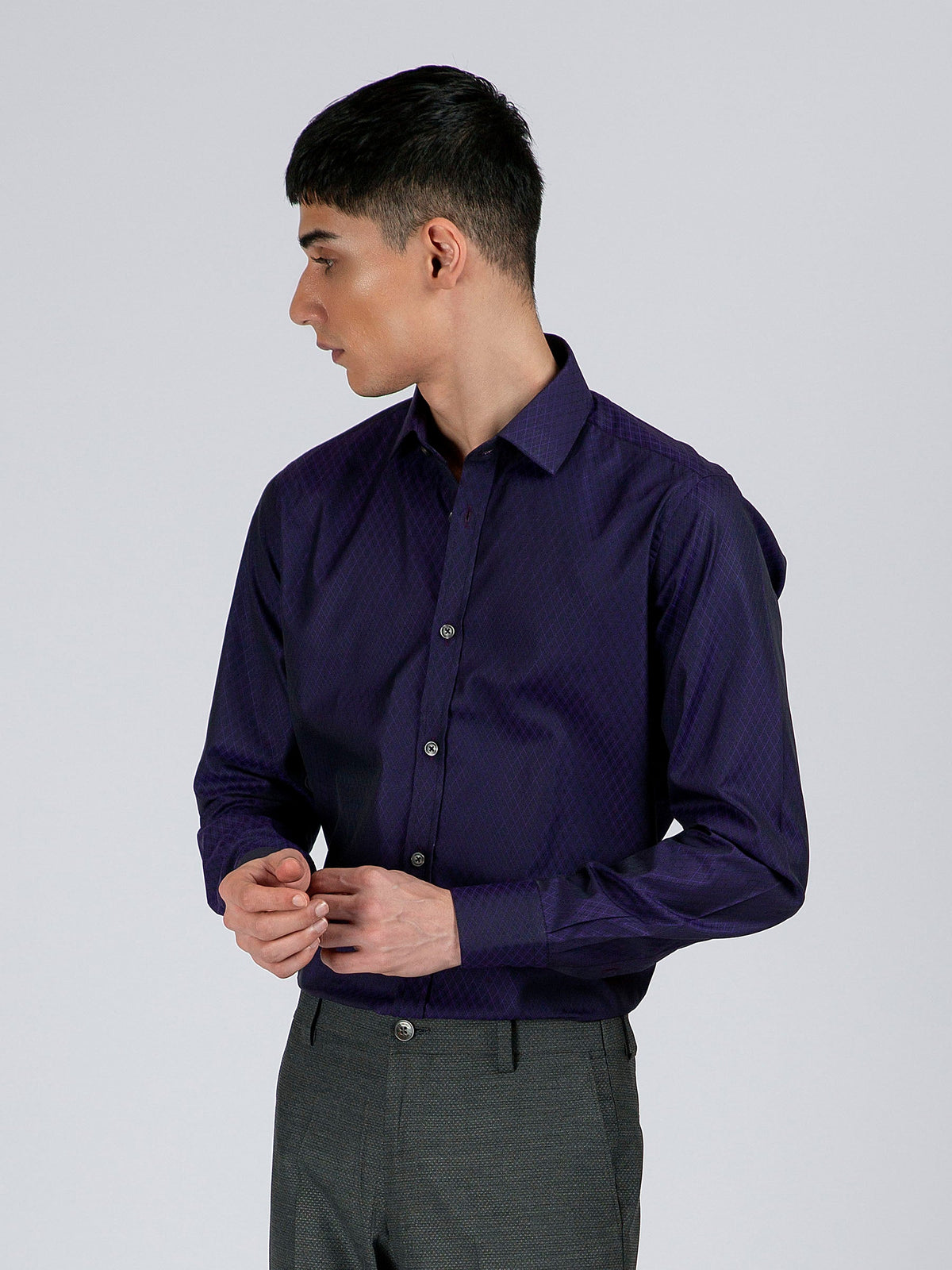 Navy Blue & Purple Diamond Patterned Formal Shirt