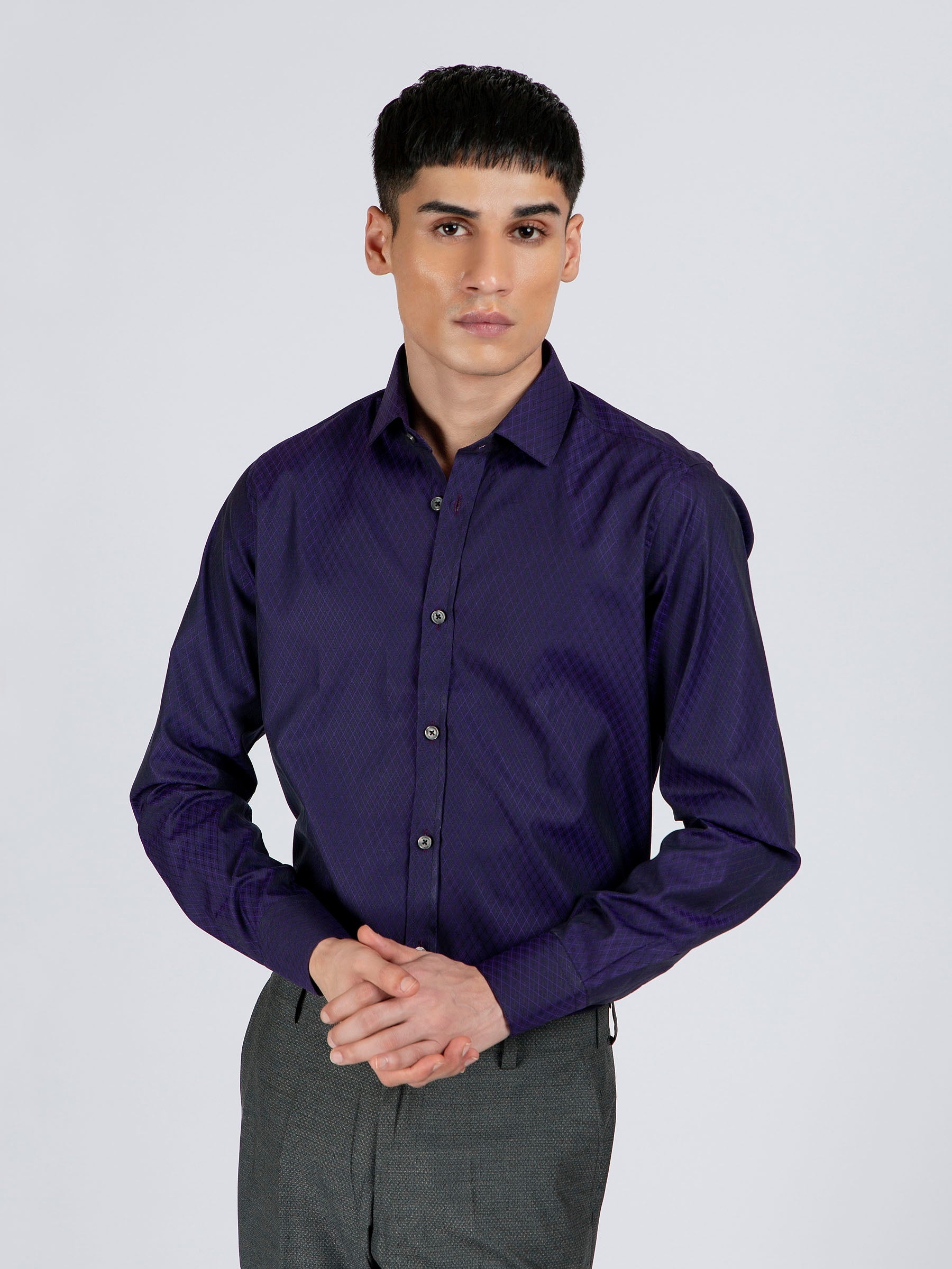 Navy Blue & Purple Diamond Patterned Formal Shirt