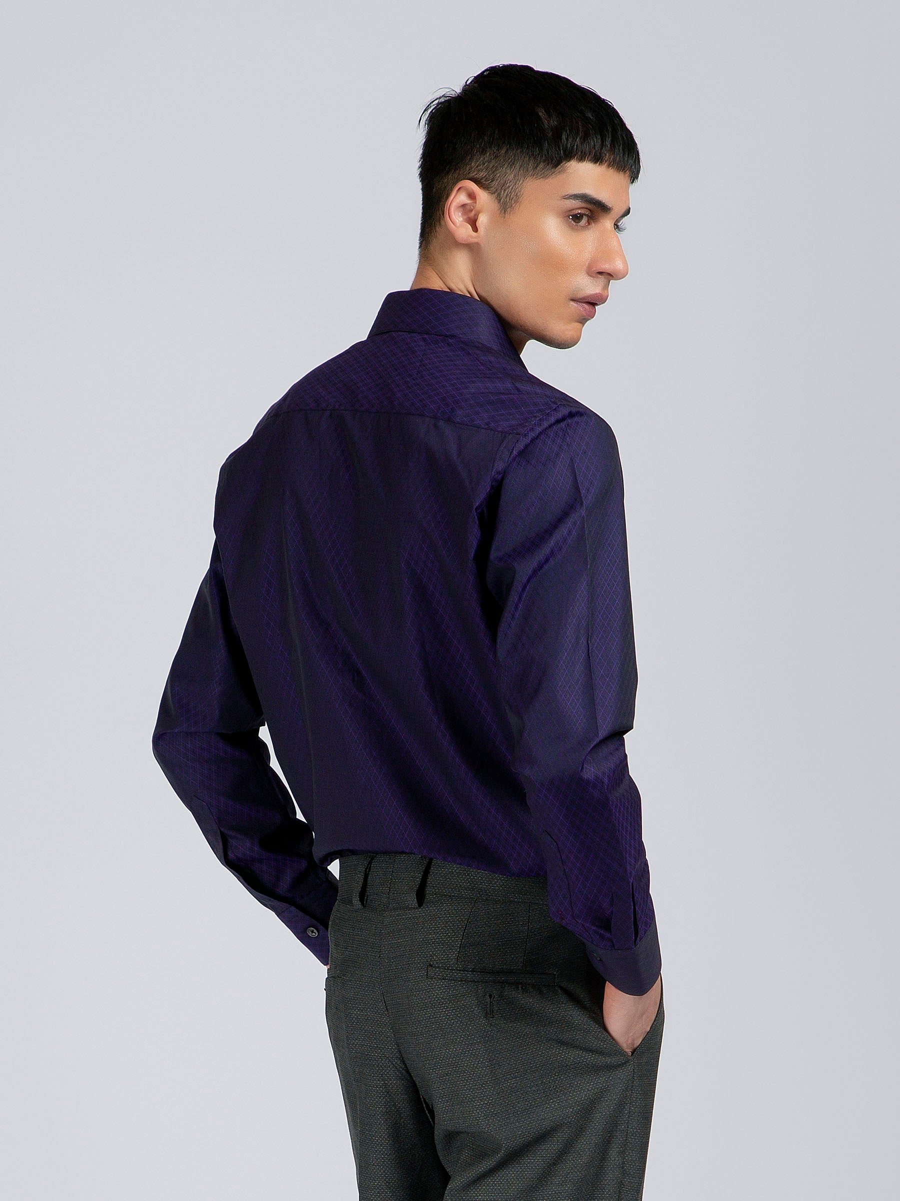 Navy Blue & Purple Diamond Patterned Formal Shirt