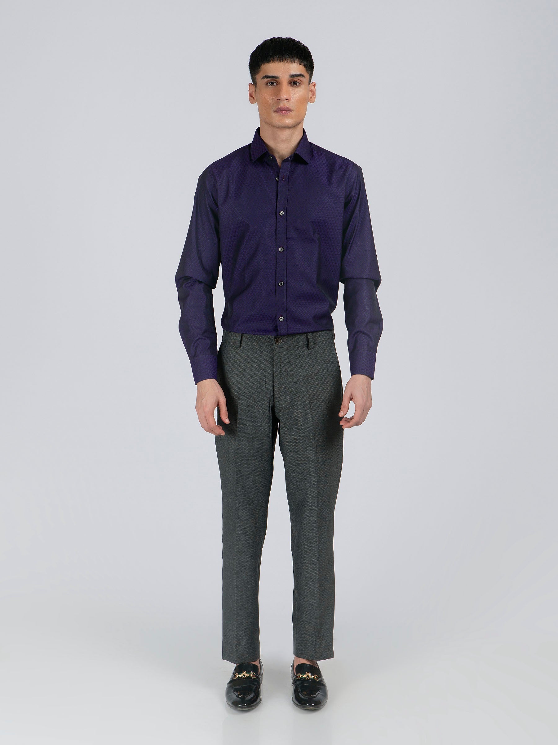 Navy Blue & Purple Diamond Patterned Formal Shirt