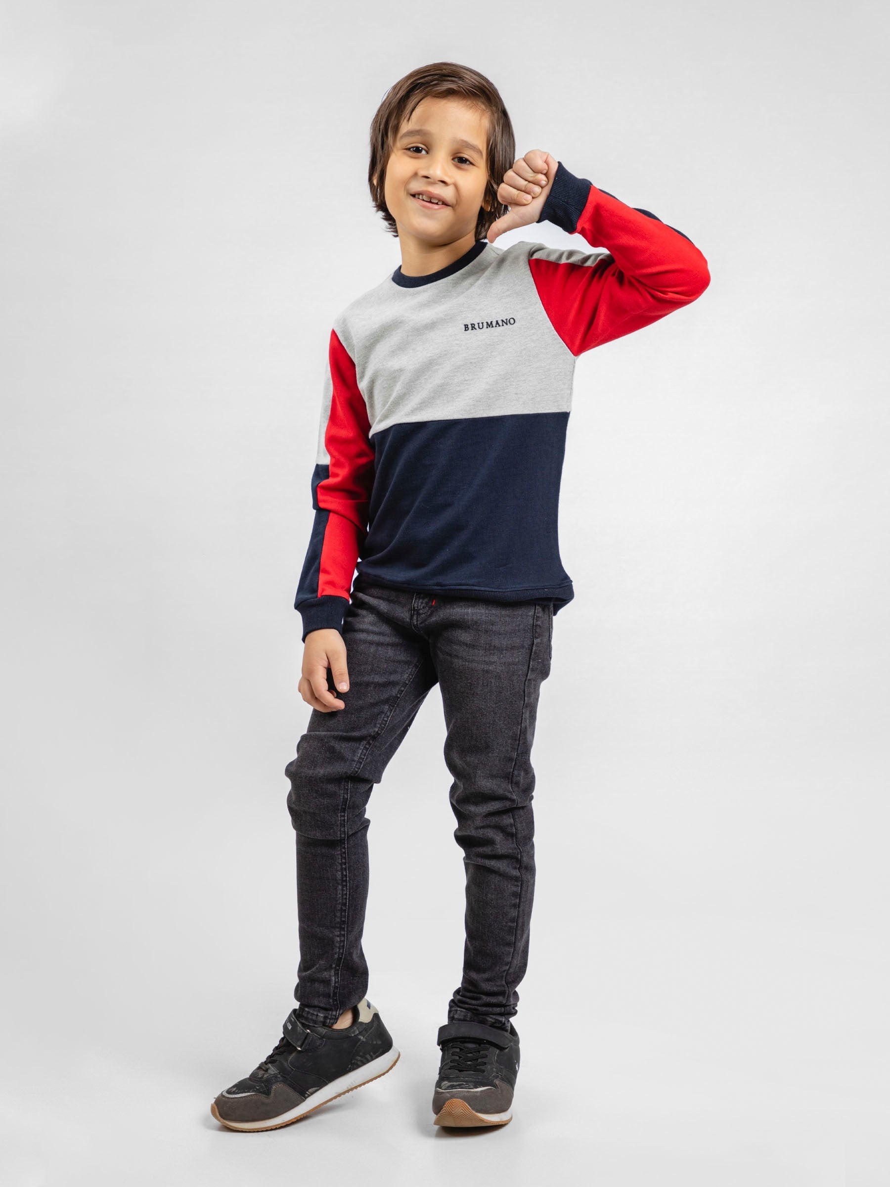Navy Blue & Red Contrasting Sleeves Casual Sweatshirt