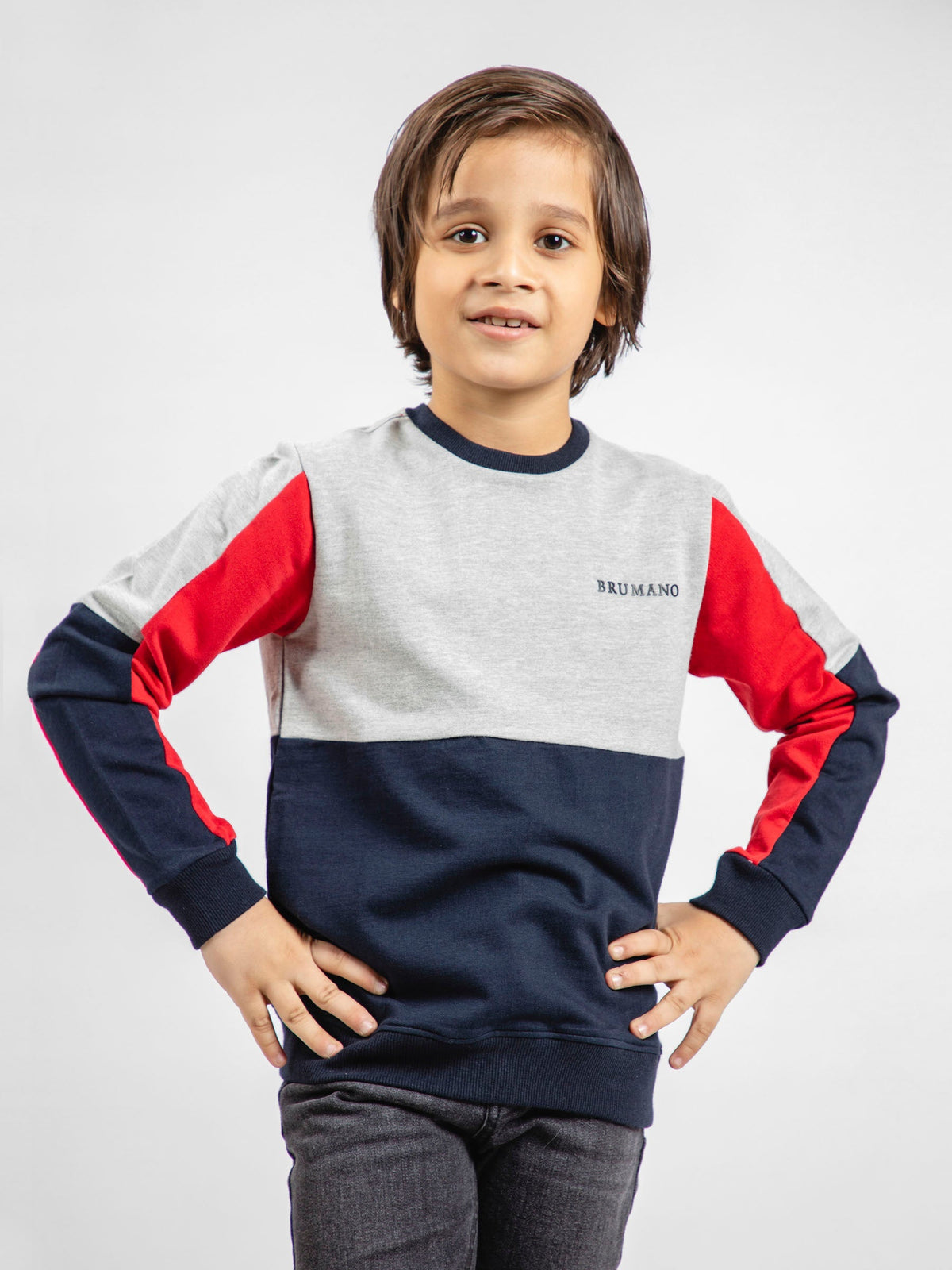Navy Blue & Red Contrasting Sleeves Casual Sweatshirt