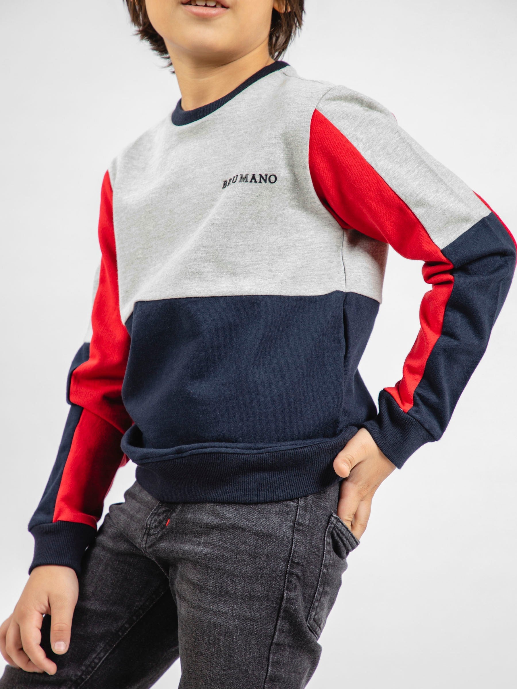 Navy Blue & Red Contrasting Sleeves Casual Sweatshirt