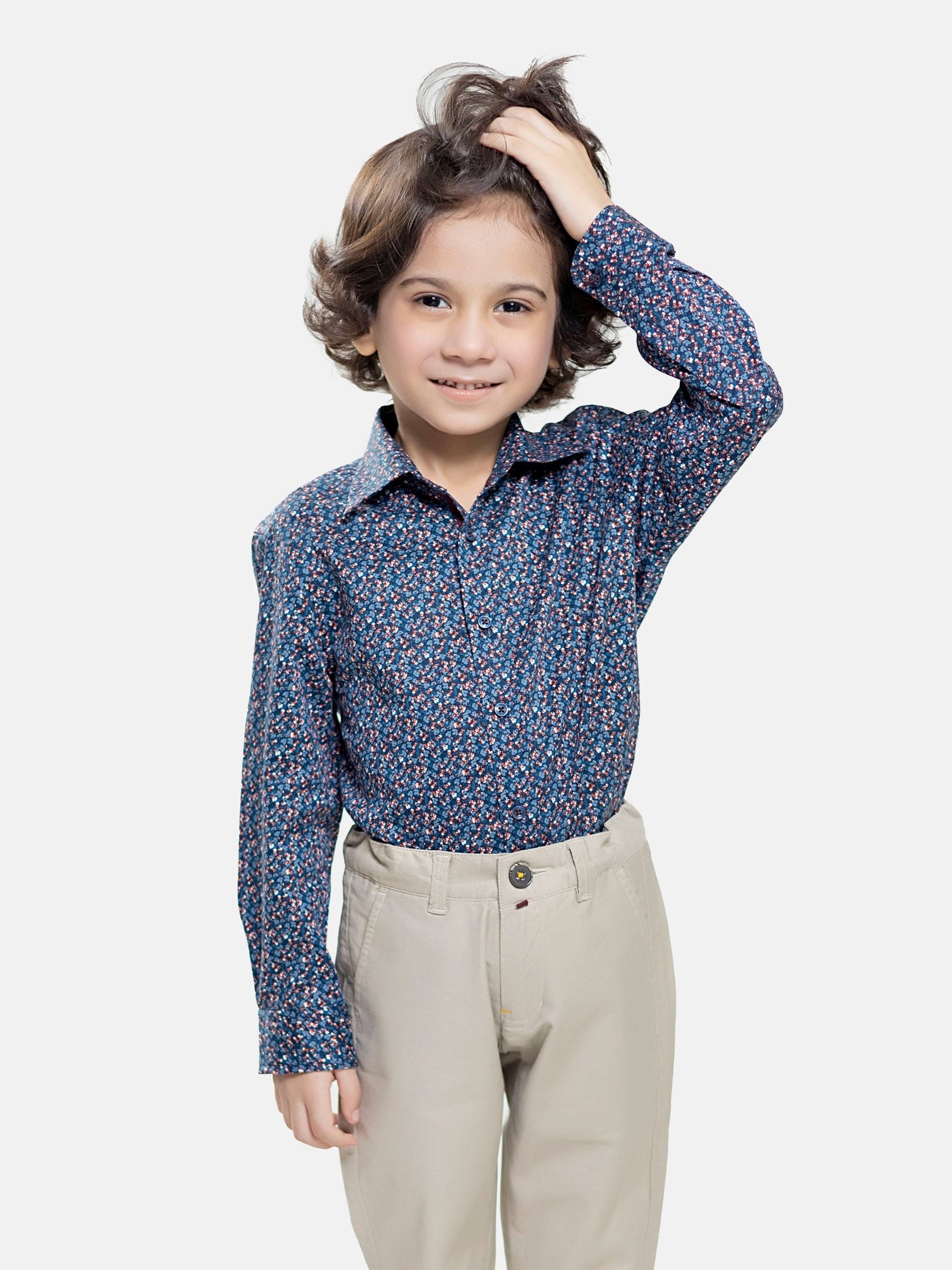 Navy Blue & Red Floral Printed Long Sleeve Casual Shirt