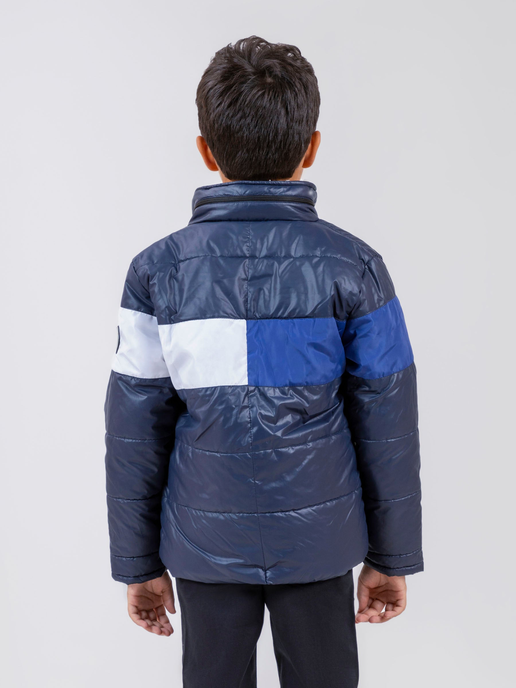 Navy Blue & White Casual Puffer Jacket With Sherpa & Hidden Hoodie
