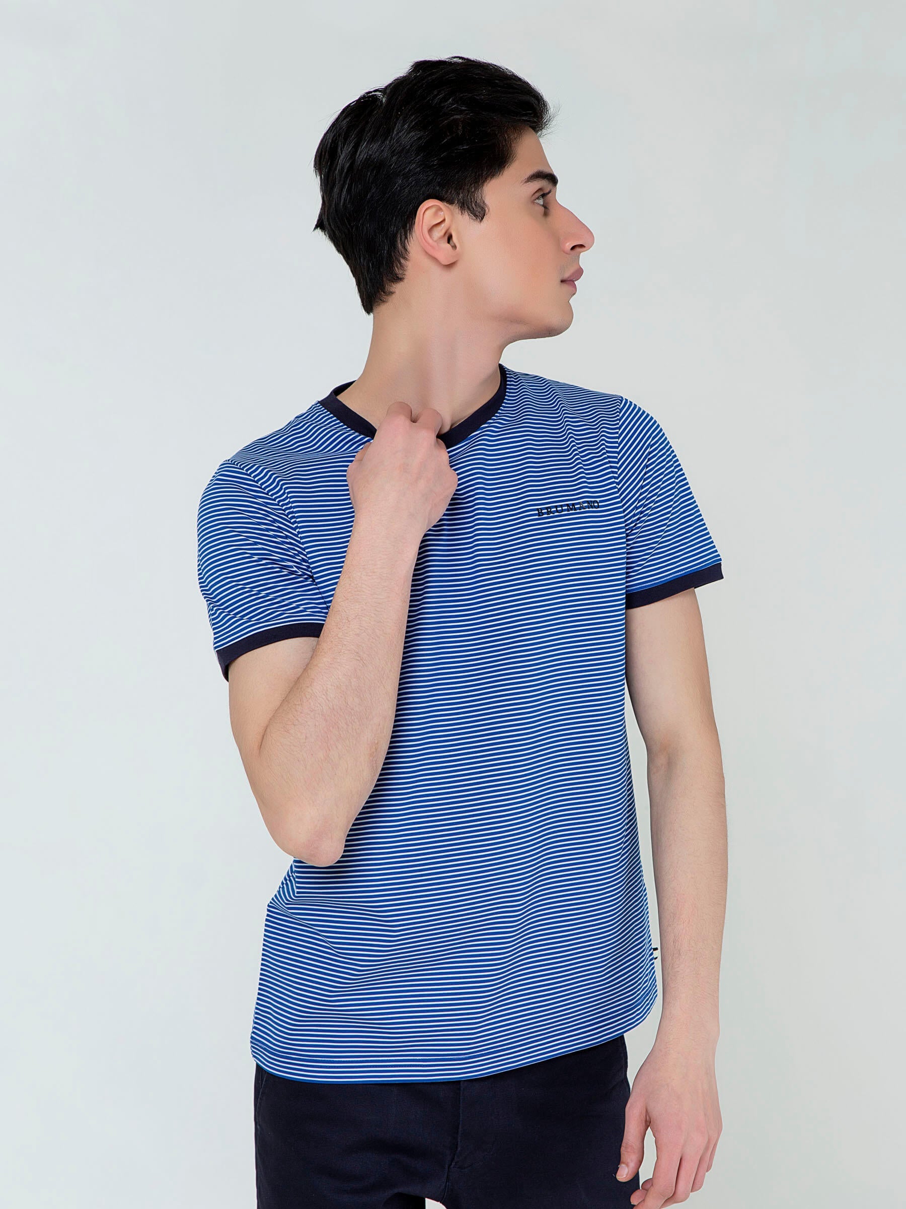 Navy Blue & White Striped Crew Neck T-Shirt