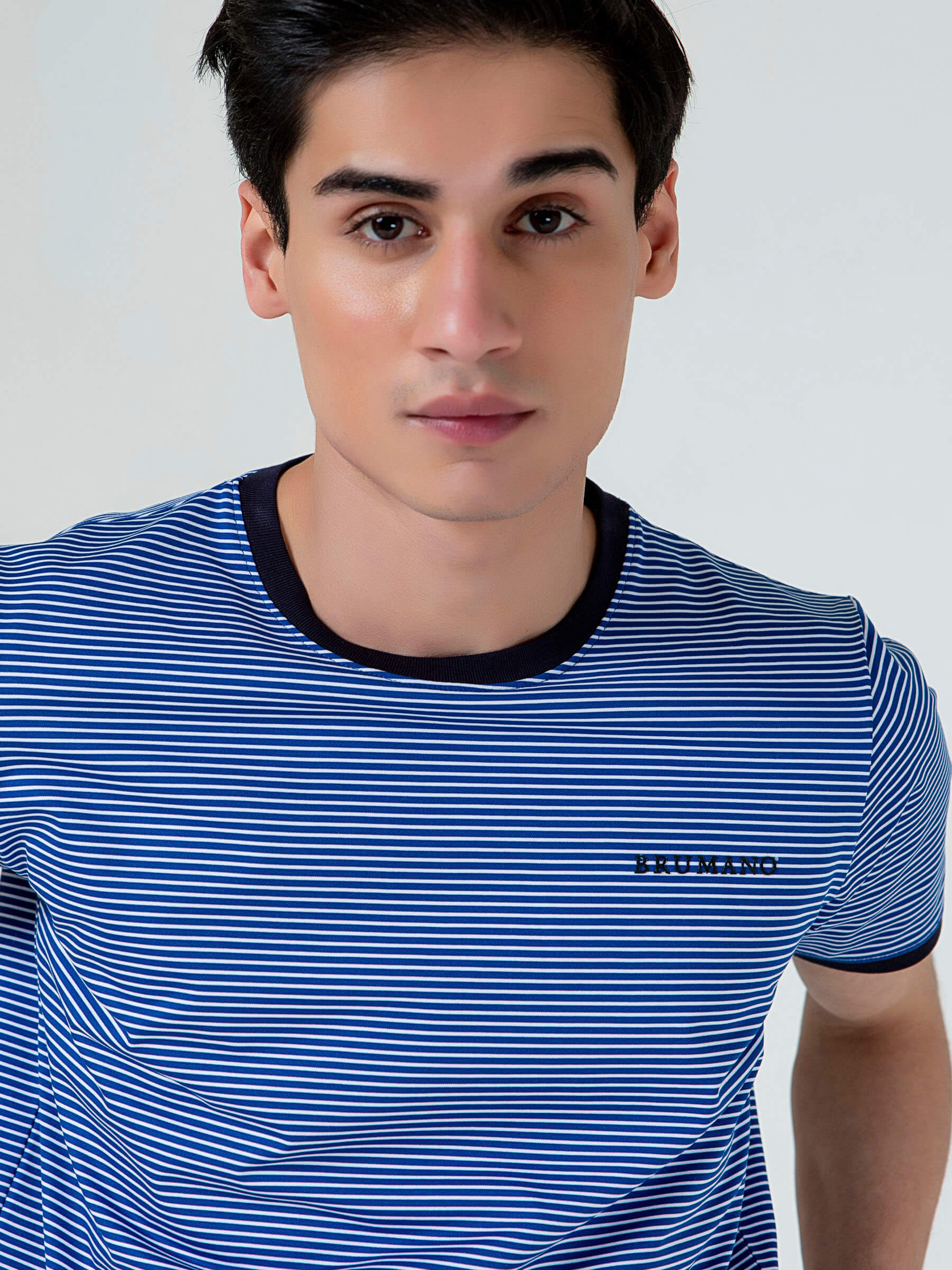 Navy Blue & White Striped Crew Neck T-Shirt