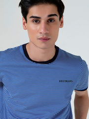 Navy Blue & White Striped Crew Neck T-Shirt