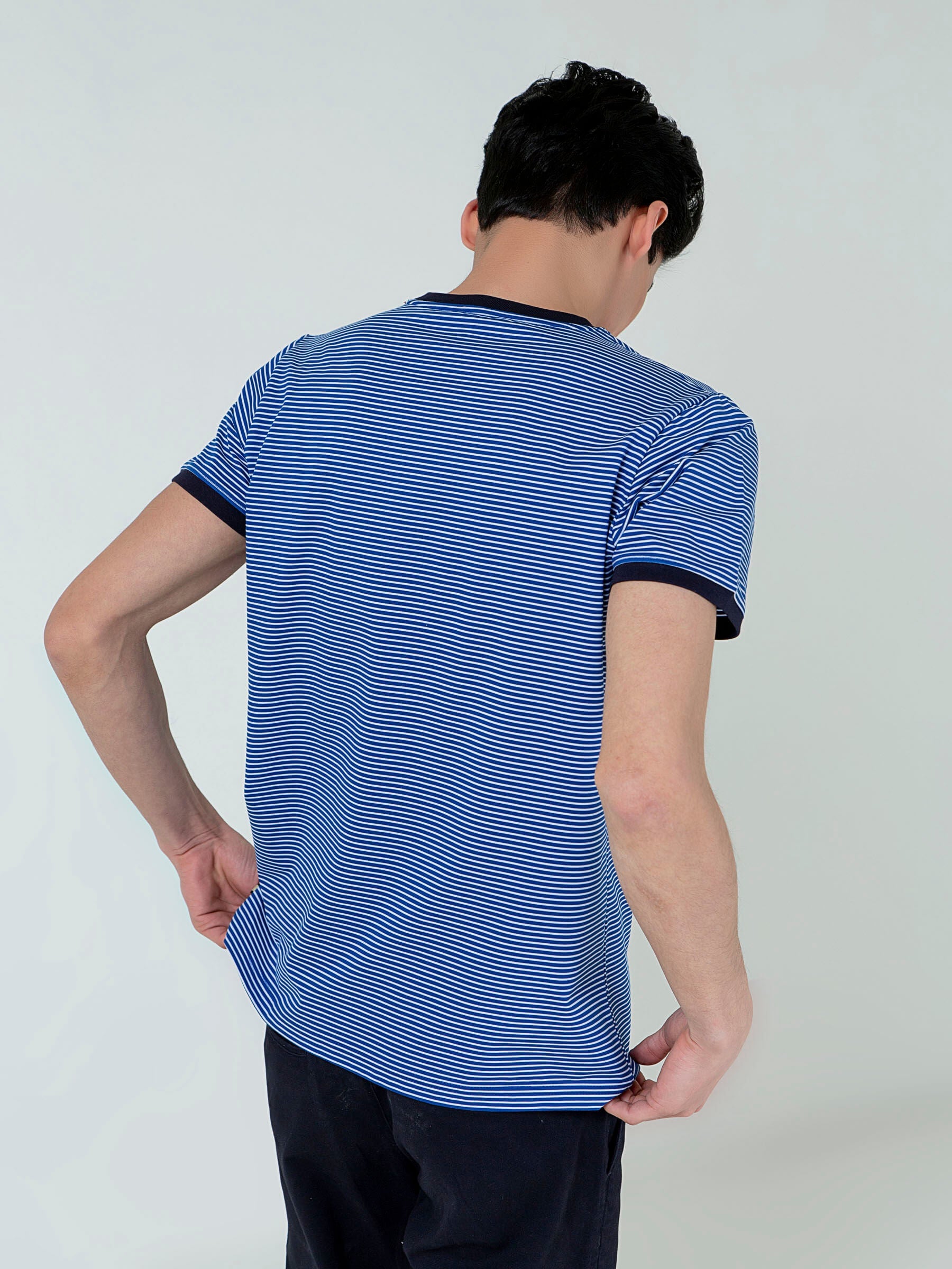 Navy Blue & White Striped Crew Neck T-Shirt