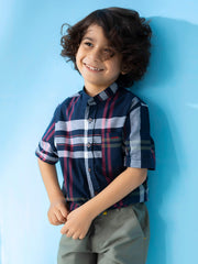 Navy Checkered Mao Collar Casual Short Sleeve Shirt