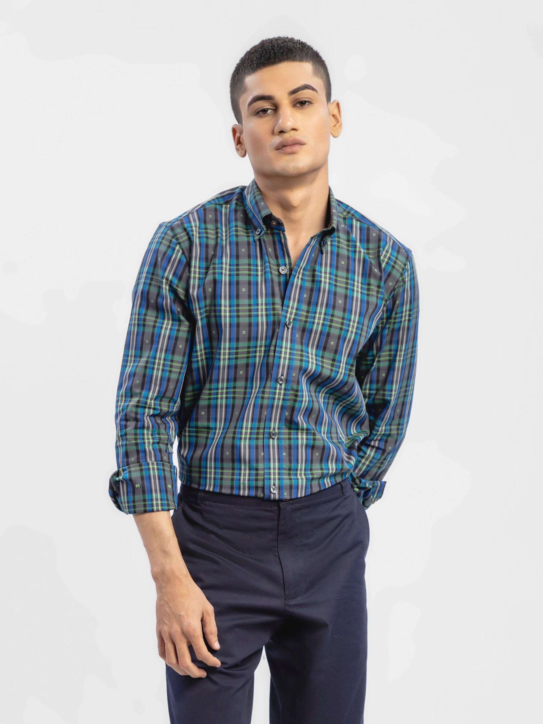 Navy & Green Tartan Plaid Checkered Shirt