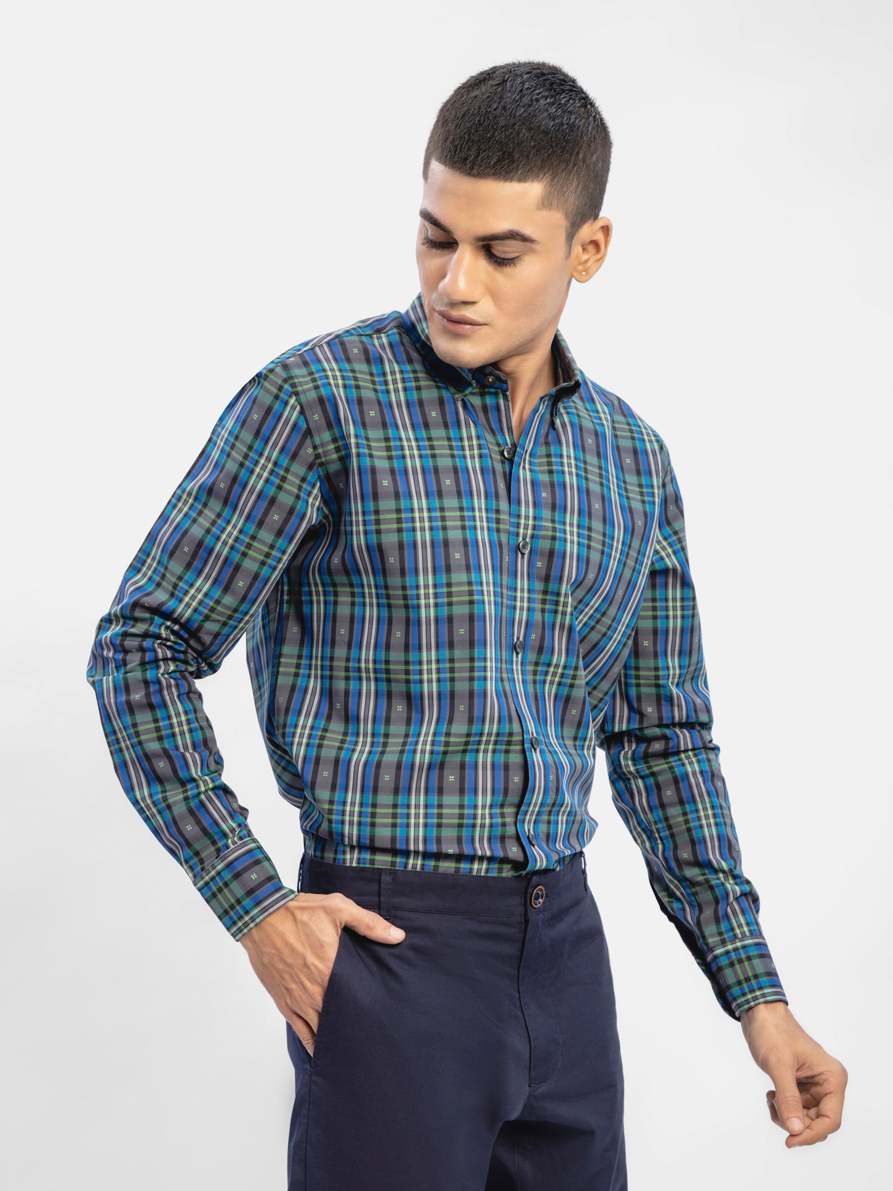 Navy & Green Tartan Plaid Checkered Shirt