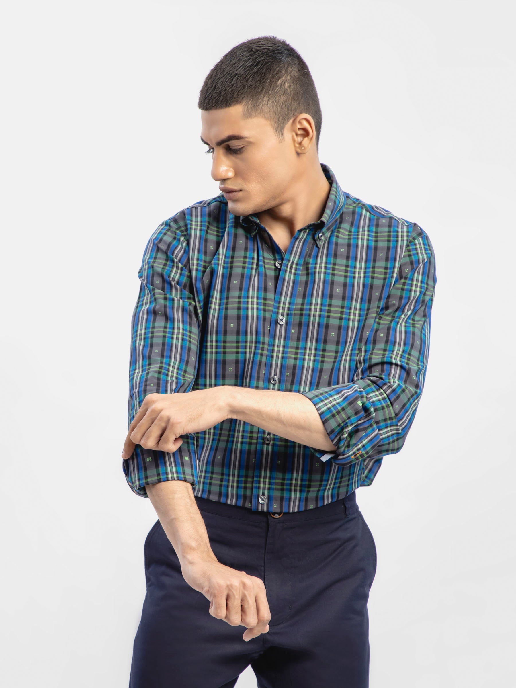 Navy & Green Tartan Plaid Checkered Shirt
