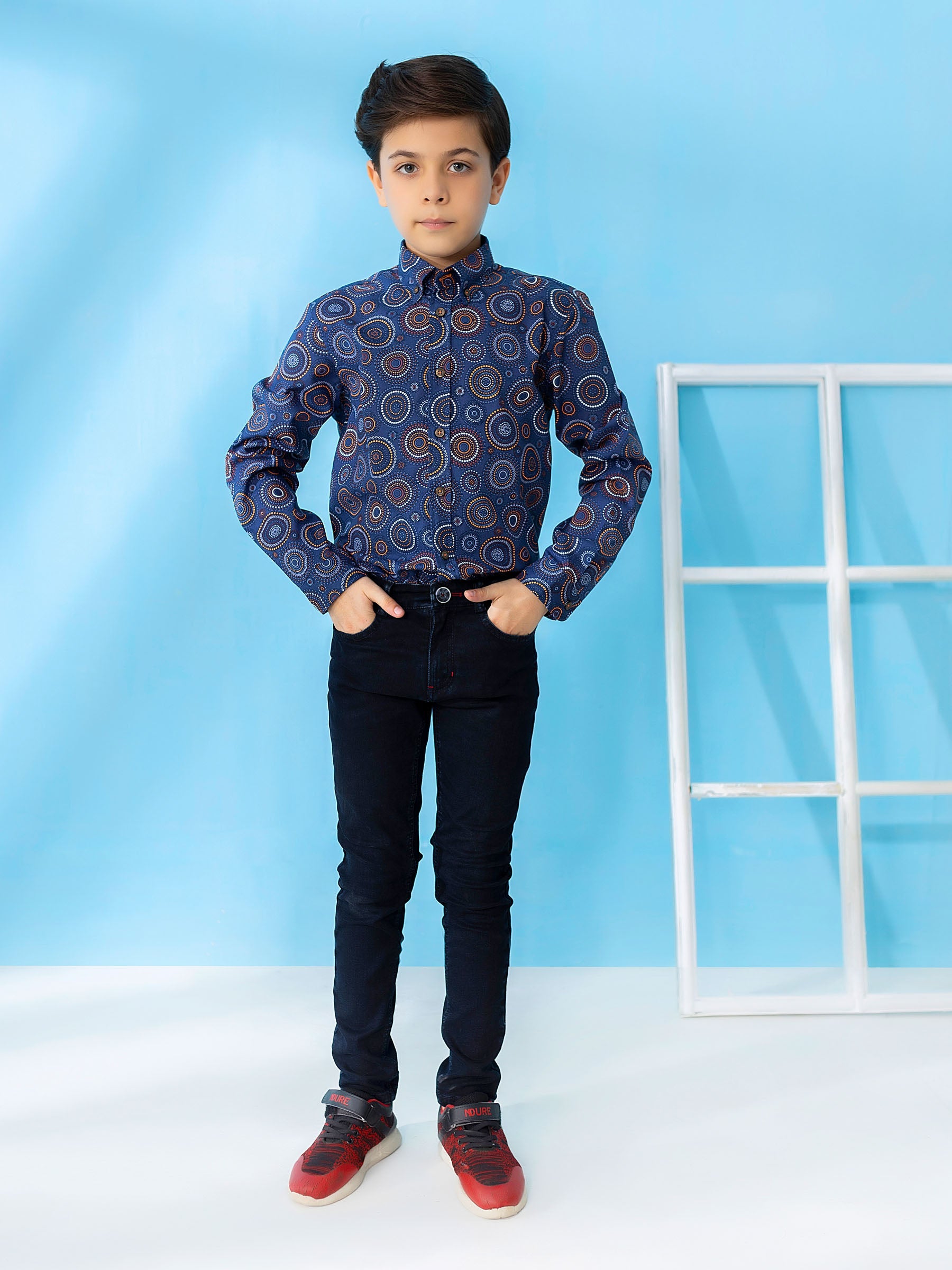 Navy & Orange Circle Printed Casual Shirt