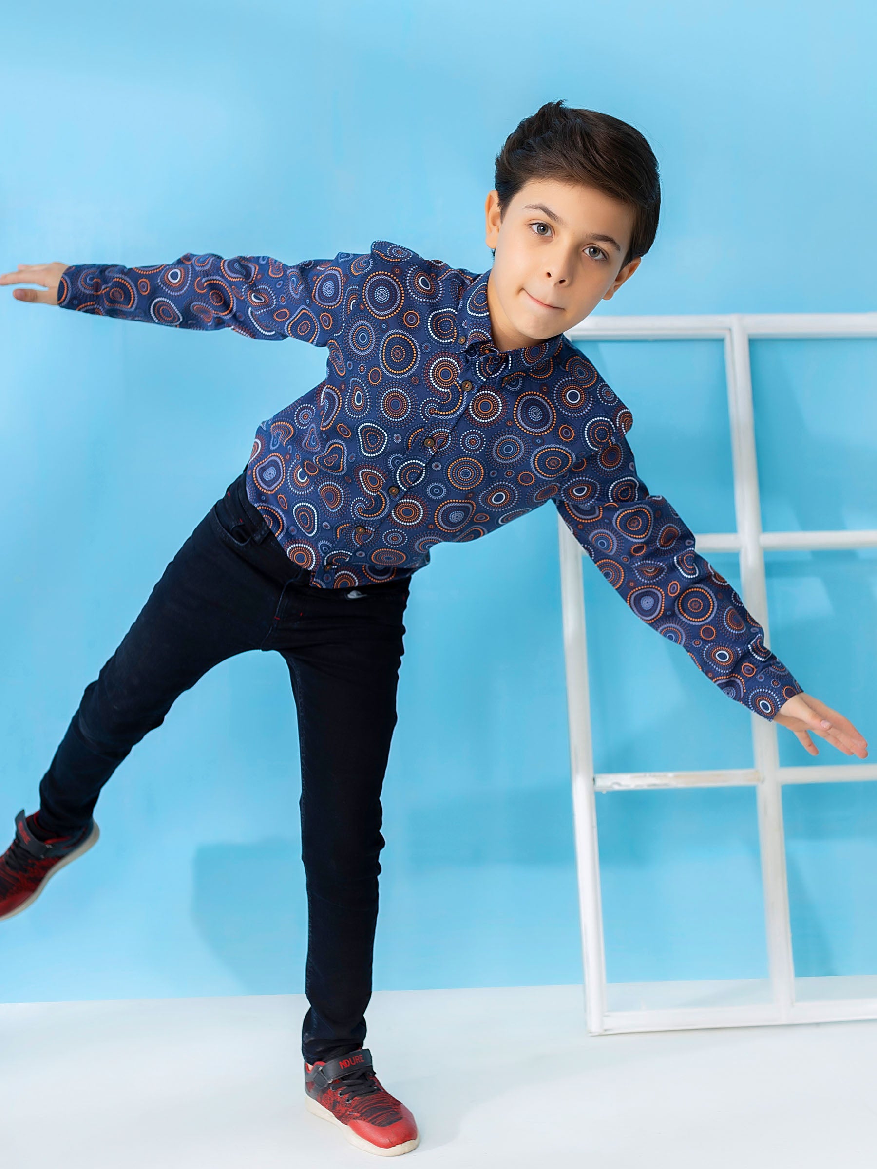 Navy & Orange Circle Printed Casual Shirt