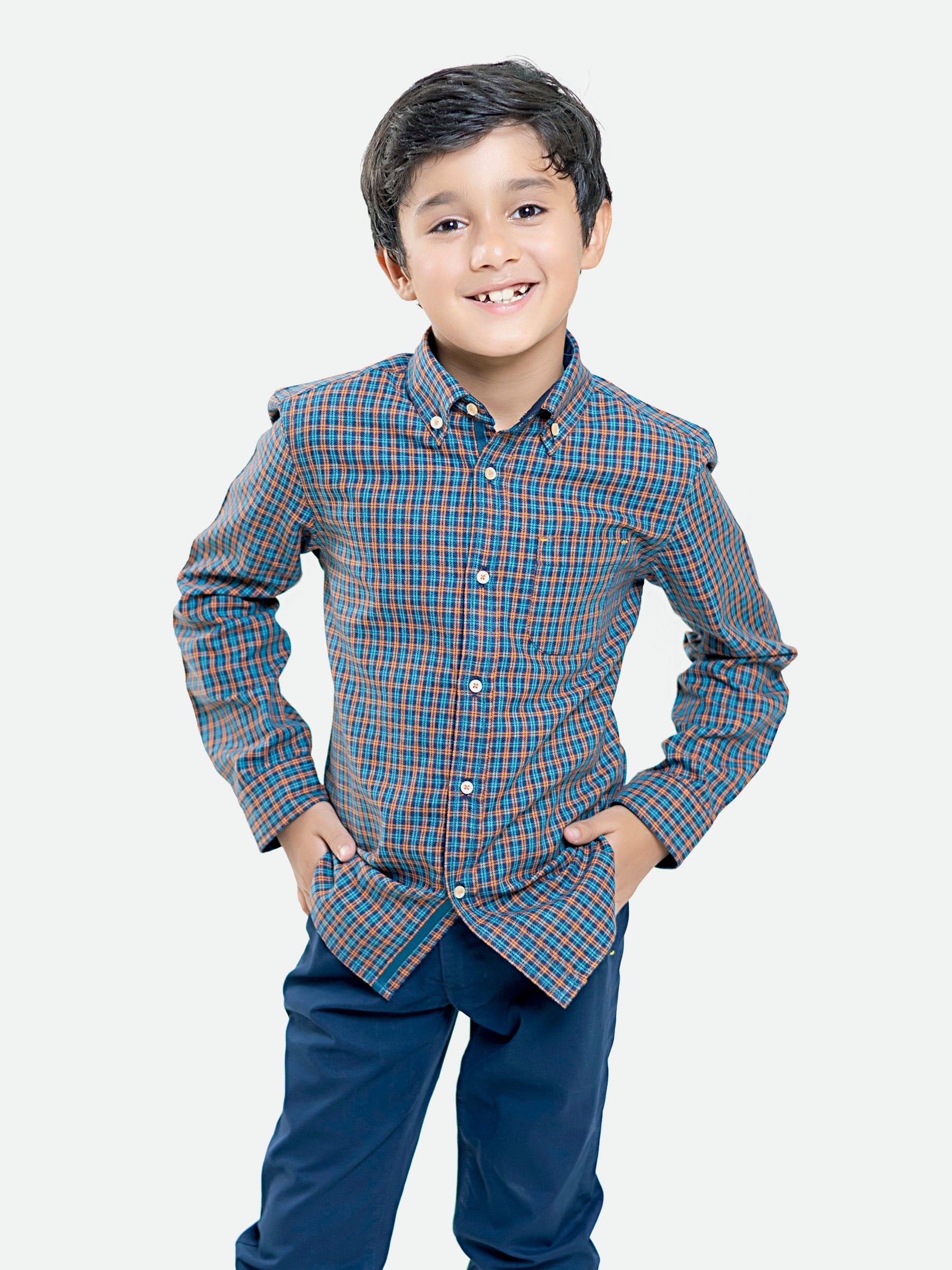 Navy & Orange Flannel Checkered Casual Shirt