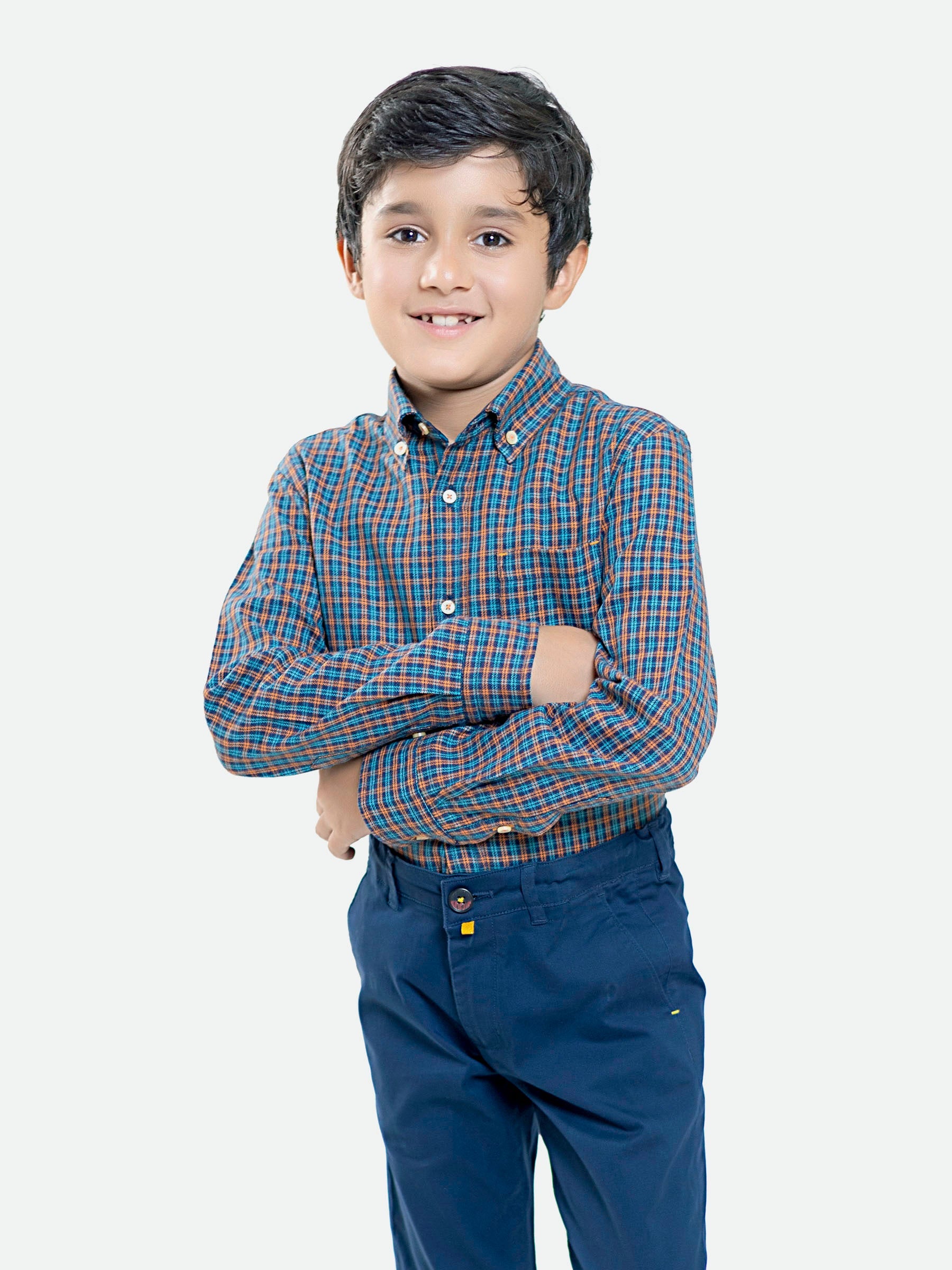Navy & Orange Flannel Checkered Casual Shirt