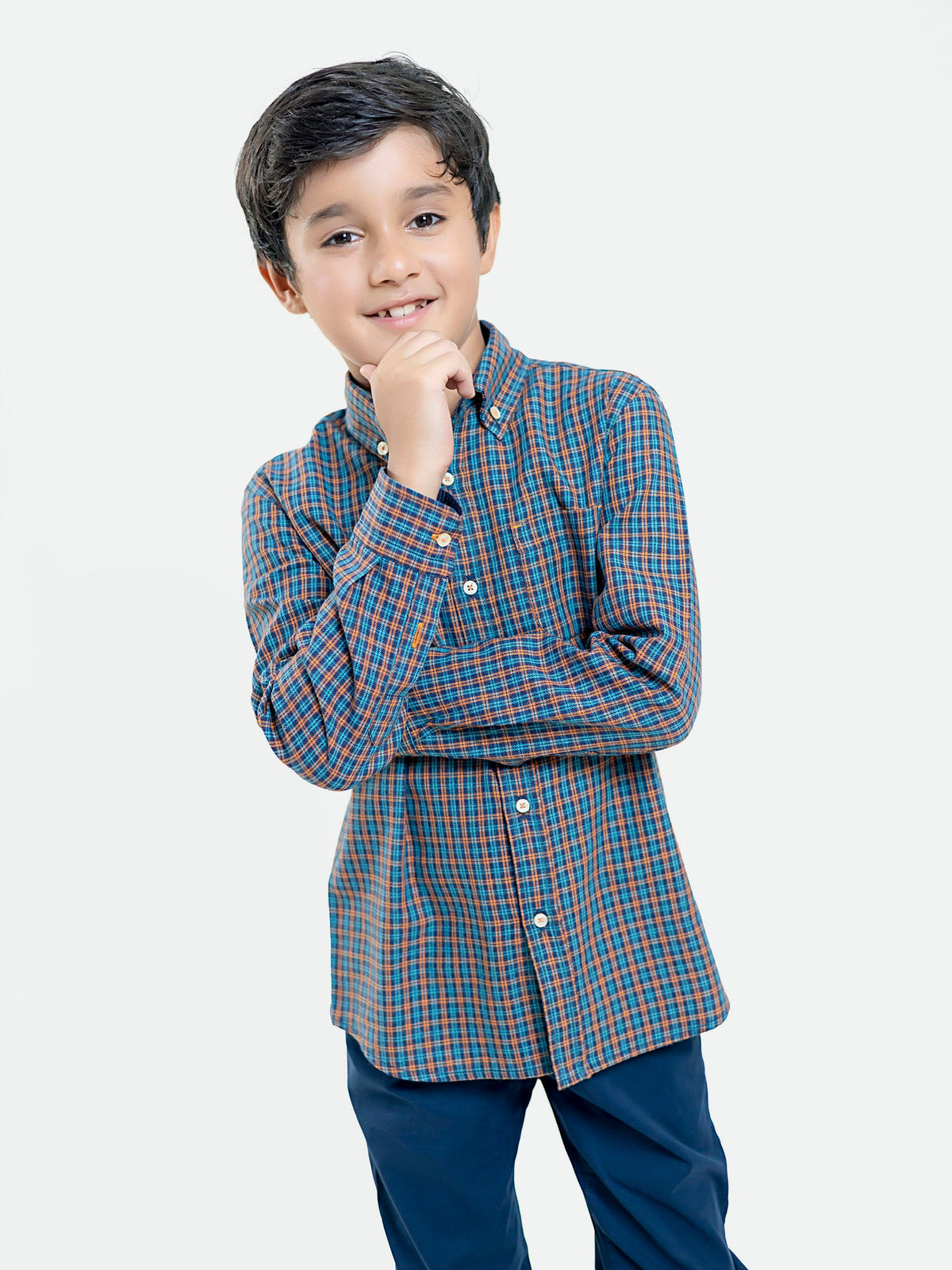 Navy & Orange Flannel Checkered Casual Shirt