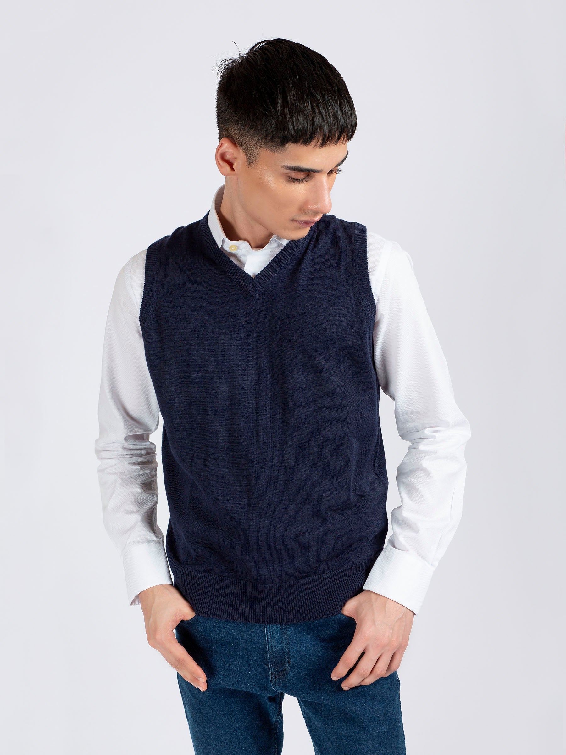 Navy blue Wool Blended Sleeveless Sweater