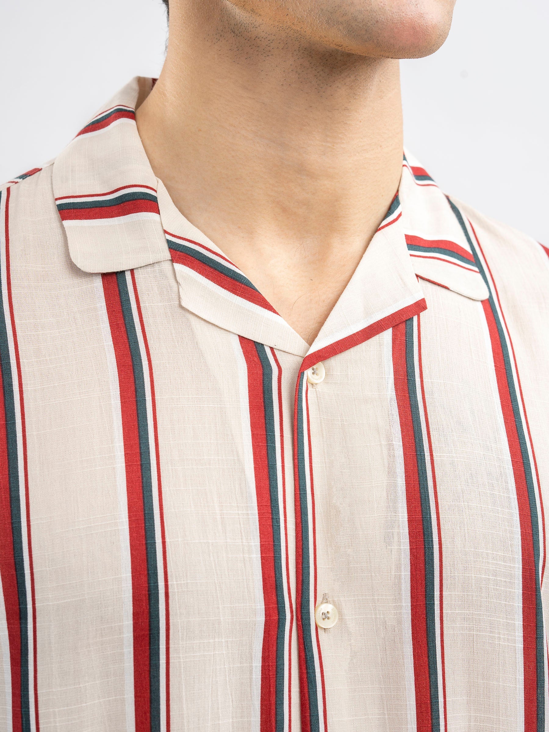 Off-White & Red Striped Cuban Collar Shirt