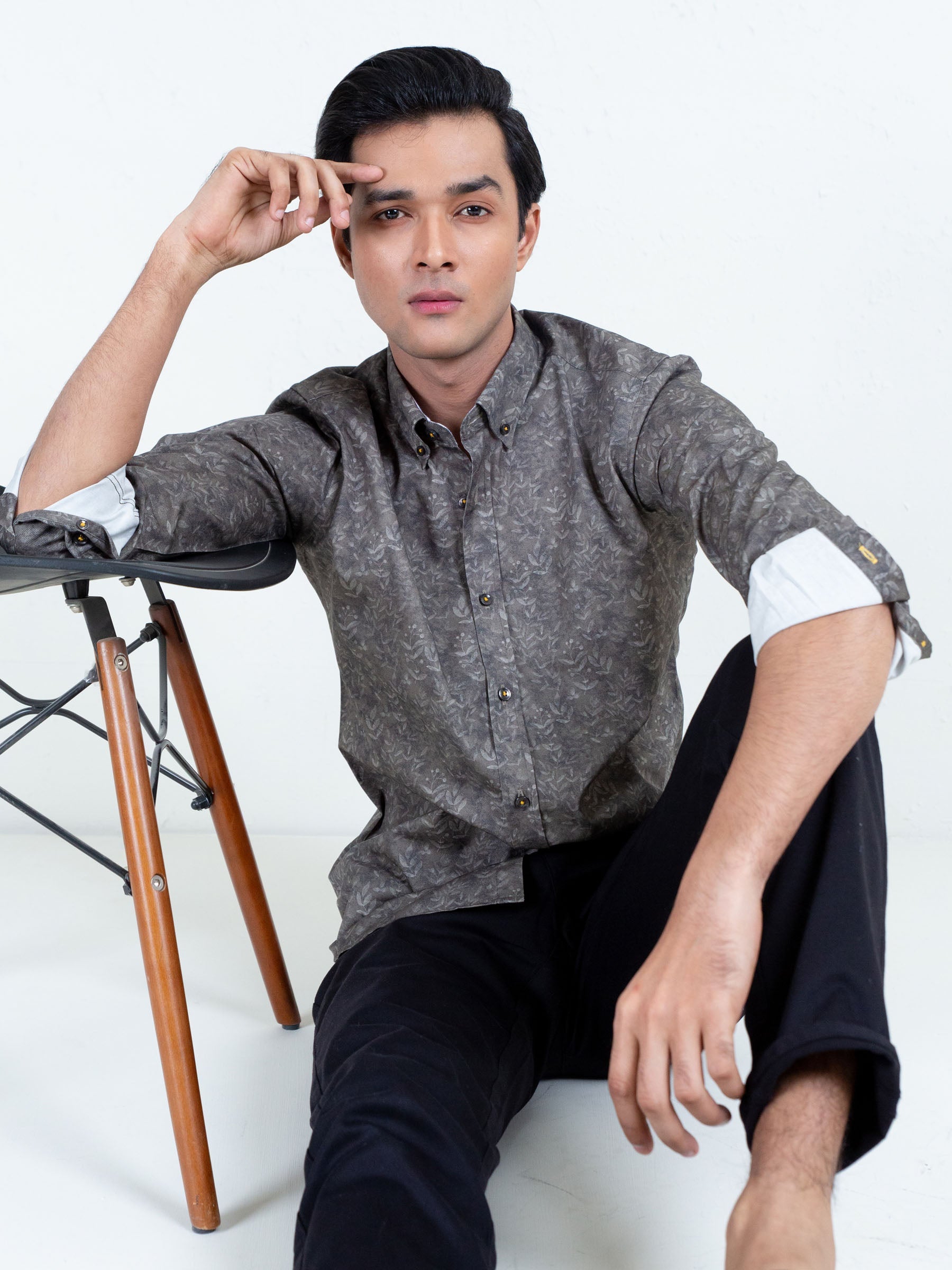 Olive Green Floral Print Shirt With Detailing