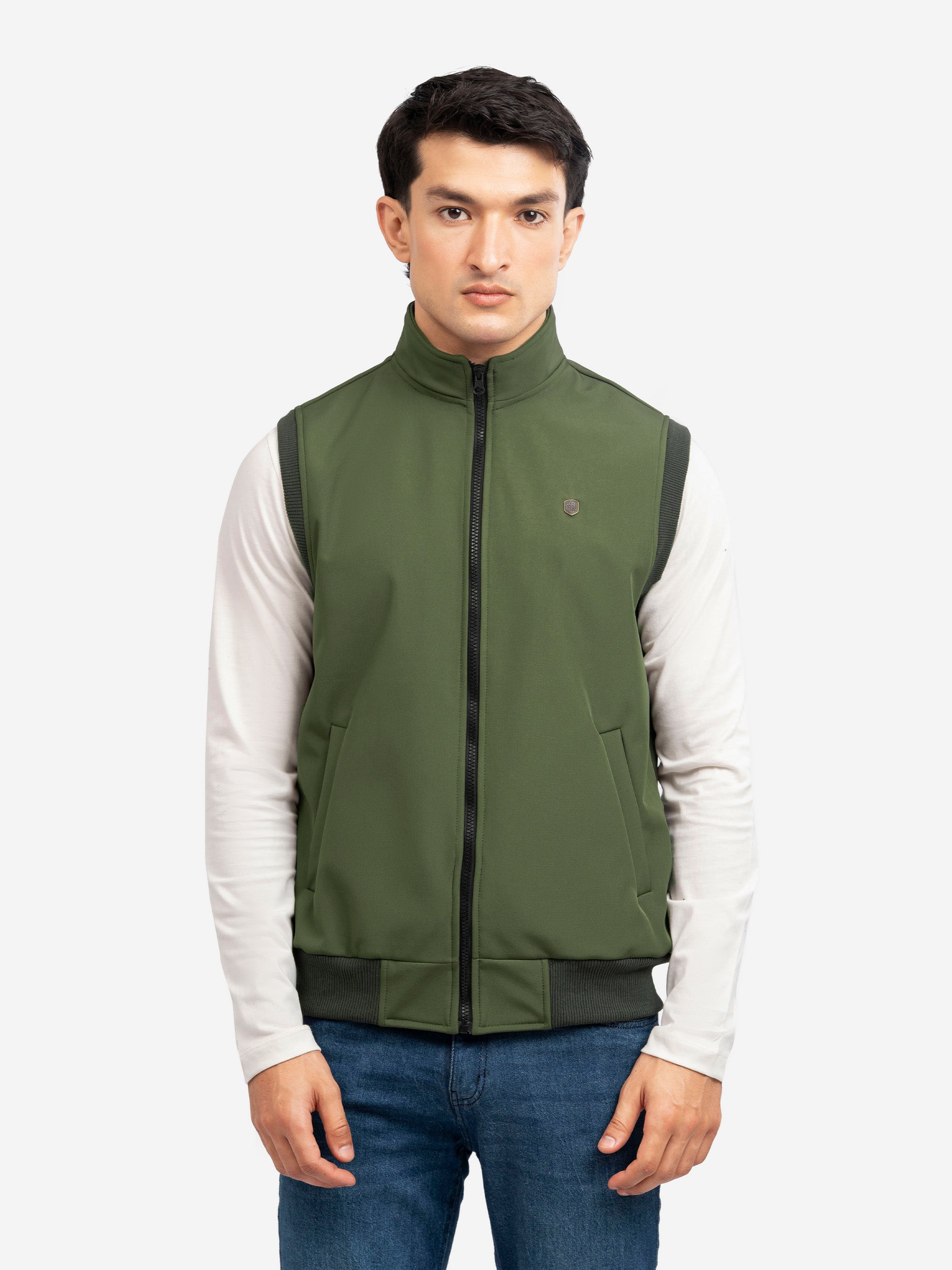 Olive Green Sleeveless Zipper Jacket - Essential