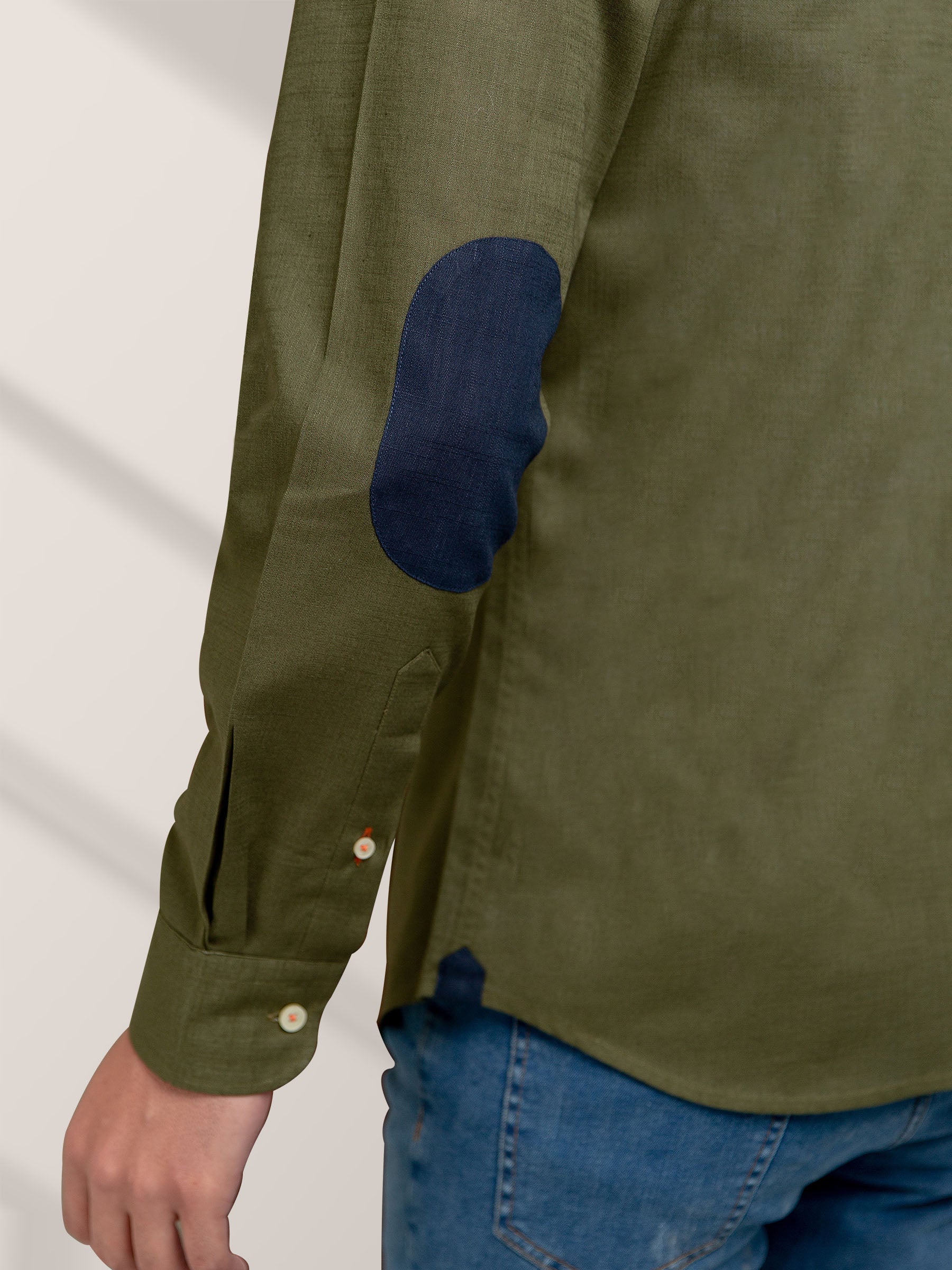 Olive Green Slub Shirt With Elbow Patch