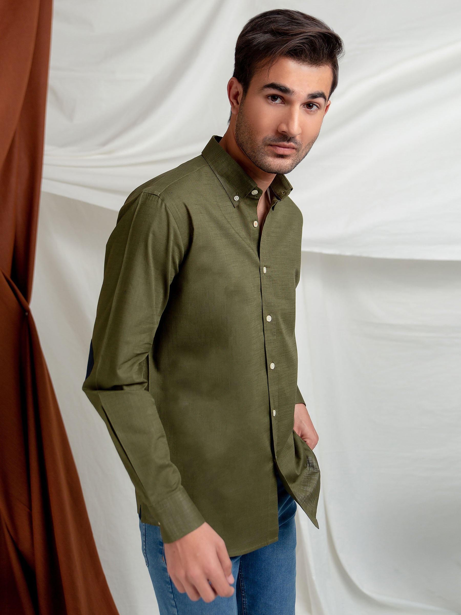 Olive Green Slub Shirt With Elbow Patch