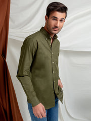 Olive Green Slub Shirt With Elbow Patch