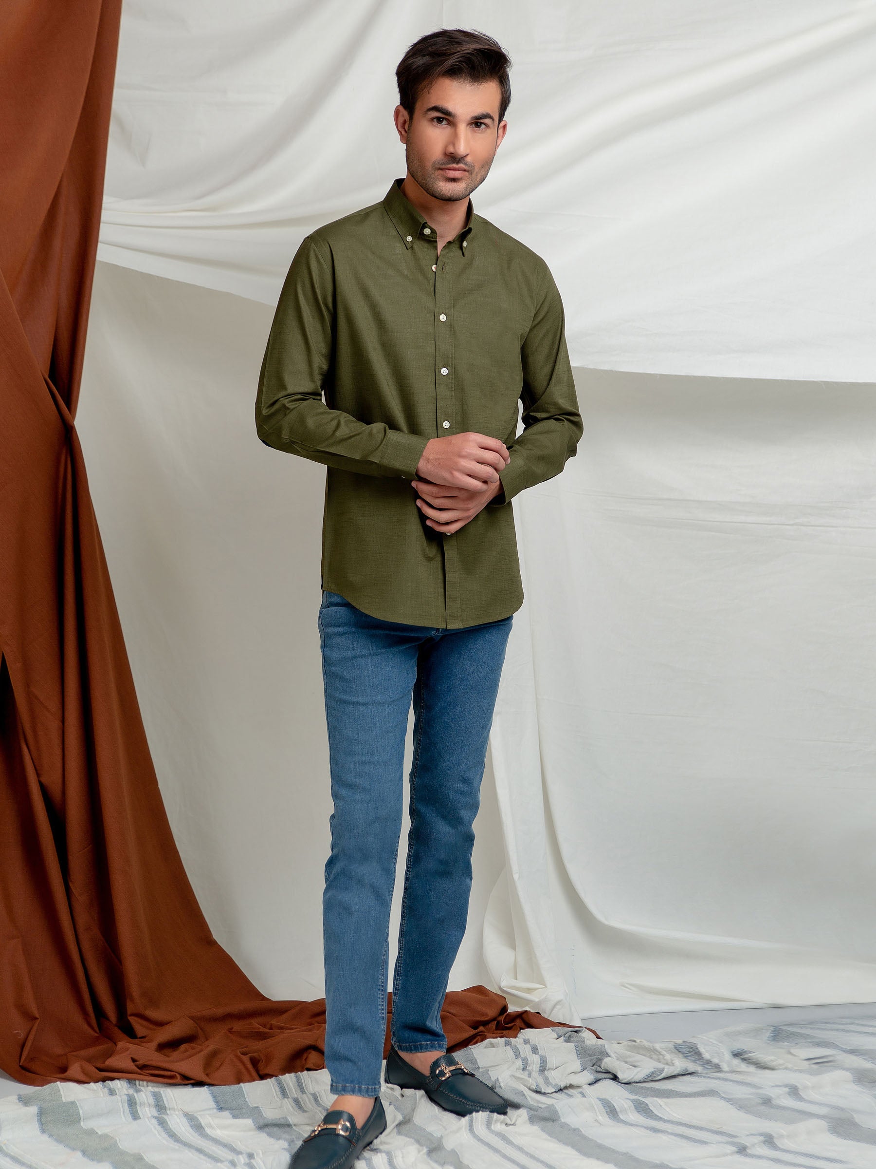 Olive Green Slub Shirt With Elbow Patch